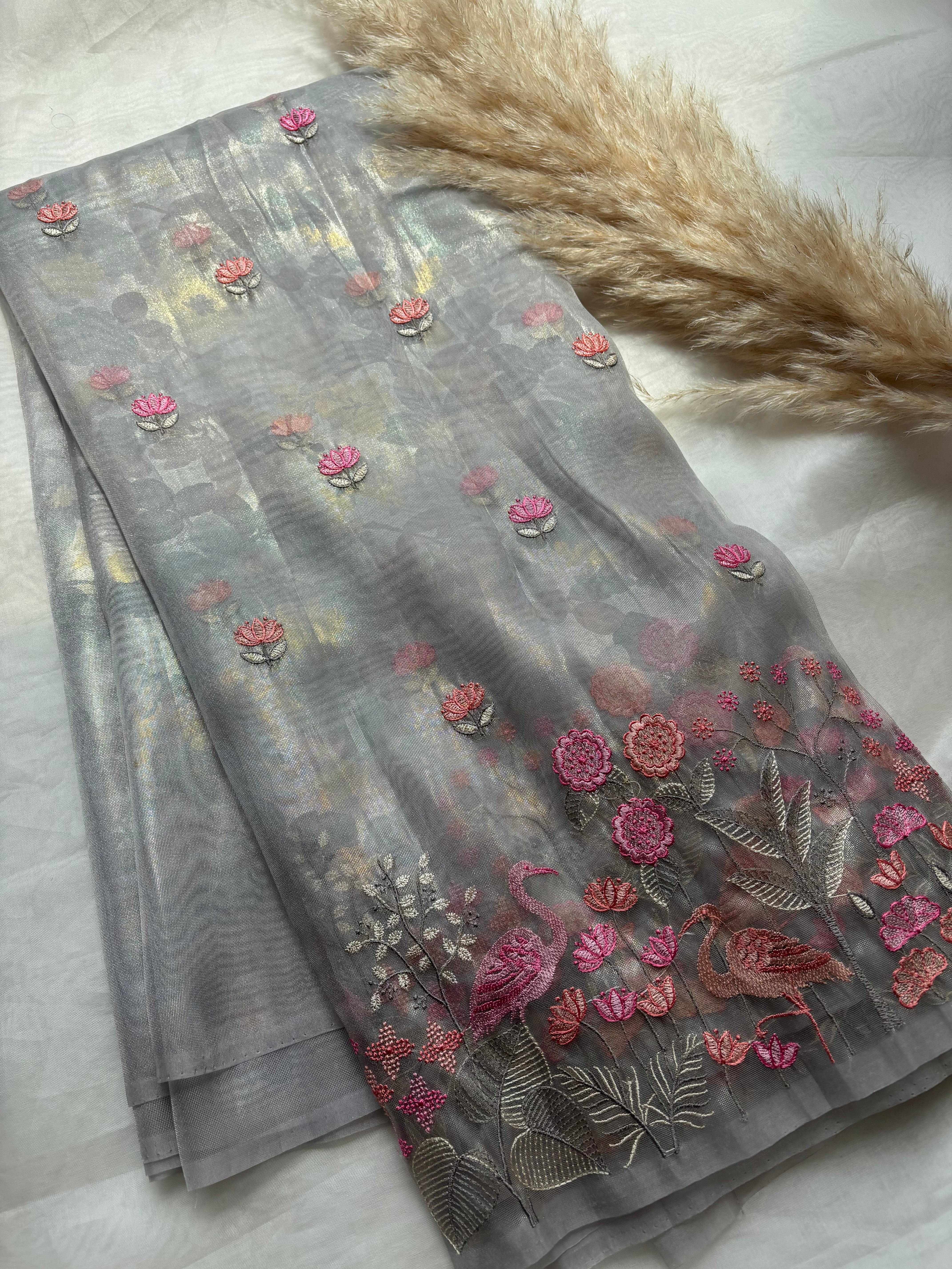 Grey shimmer organza saree