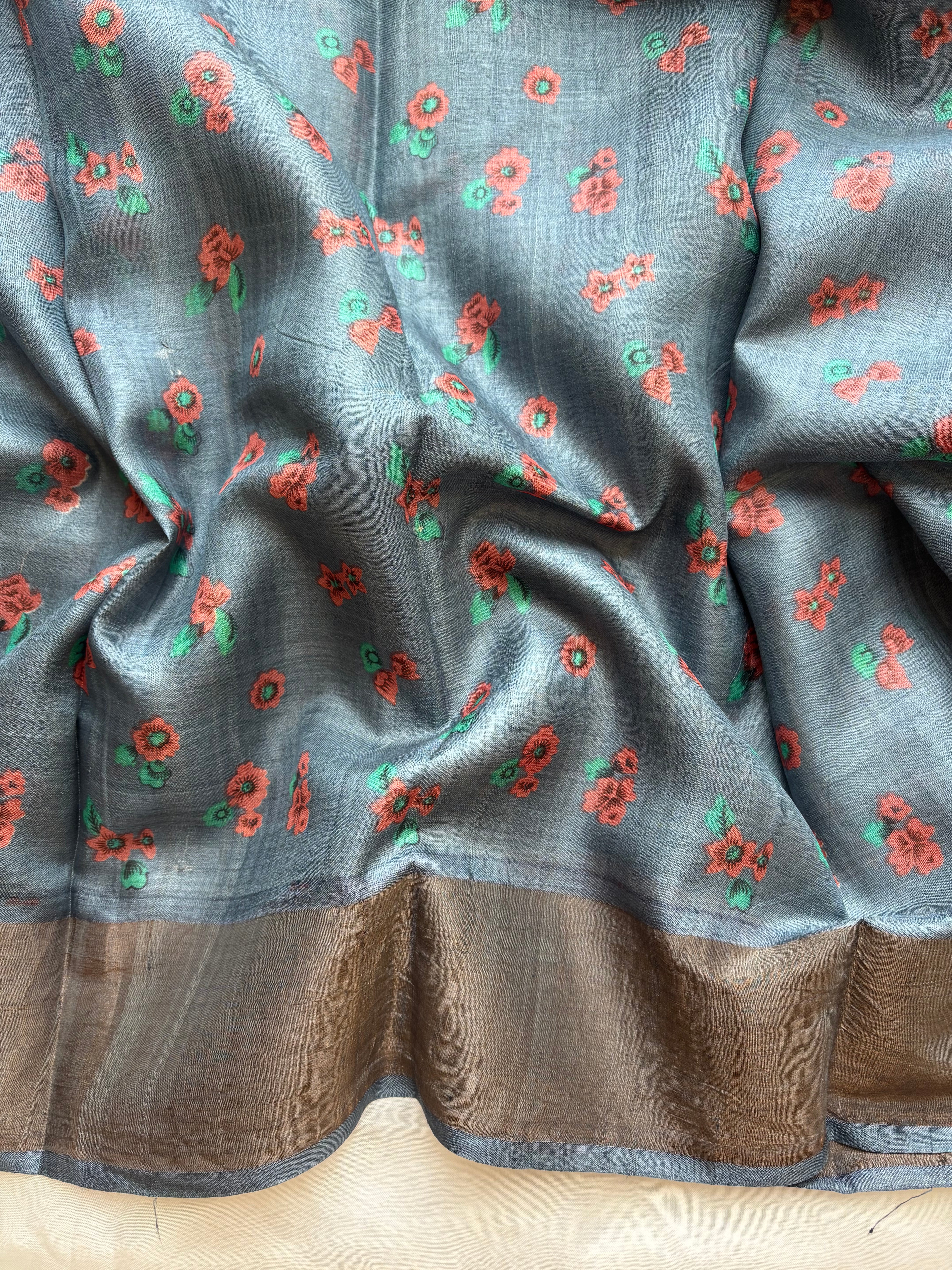 Smoky blue Tussar saree