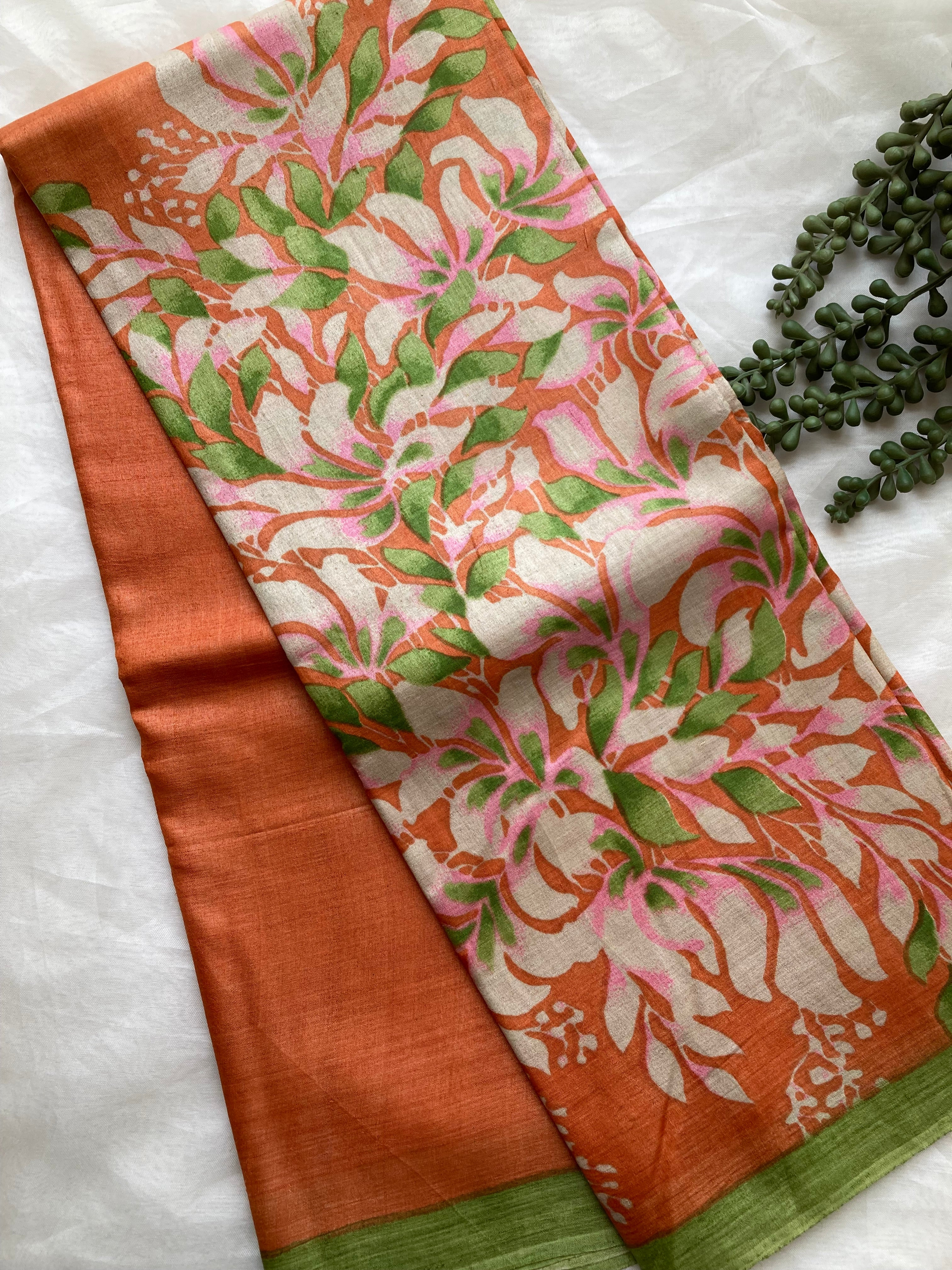 Orange & green floral Tussar saree