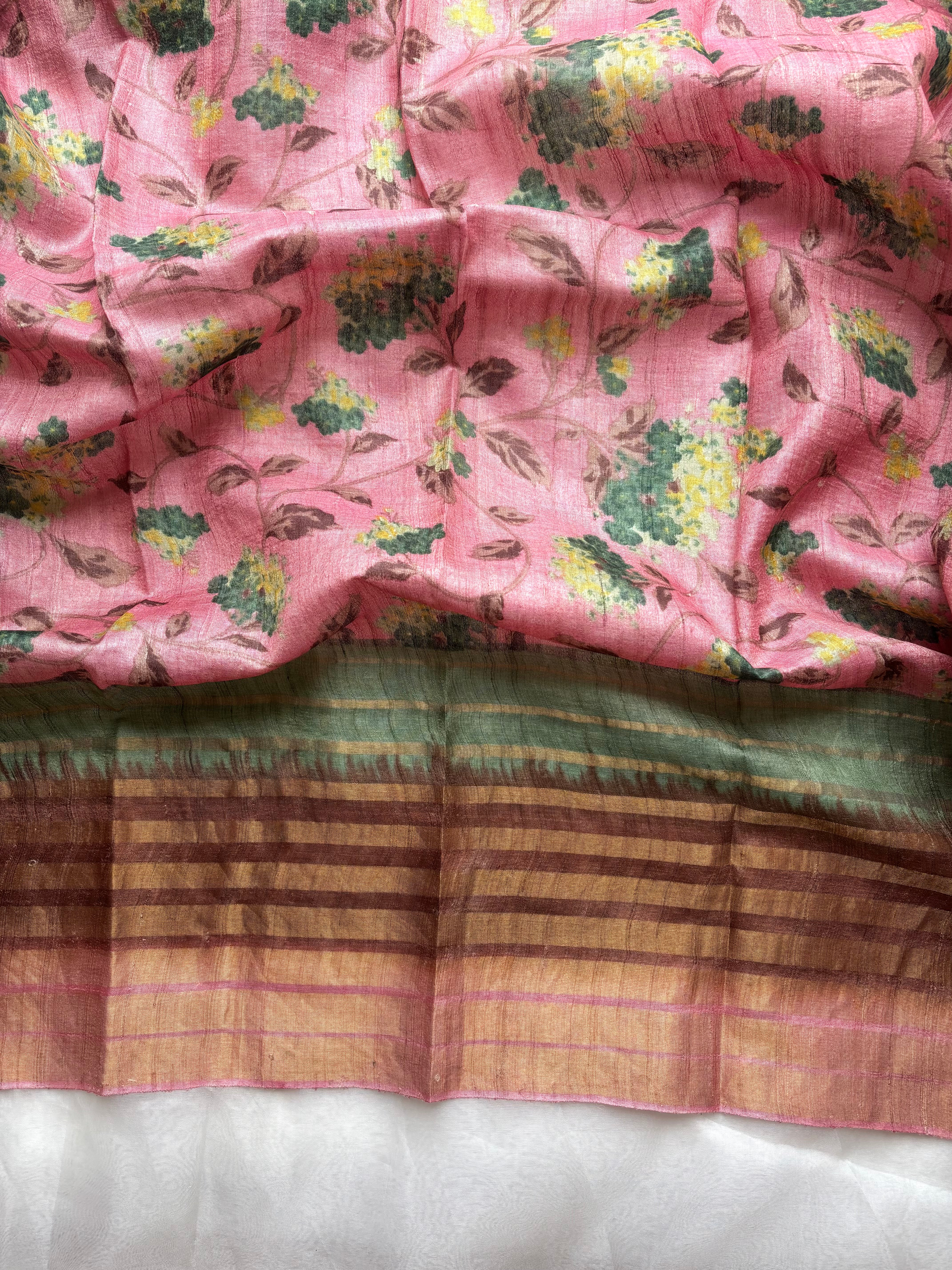 Soft Pink and green floral tussar saree