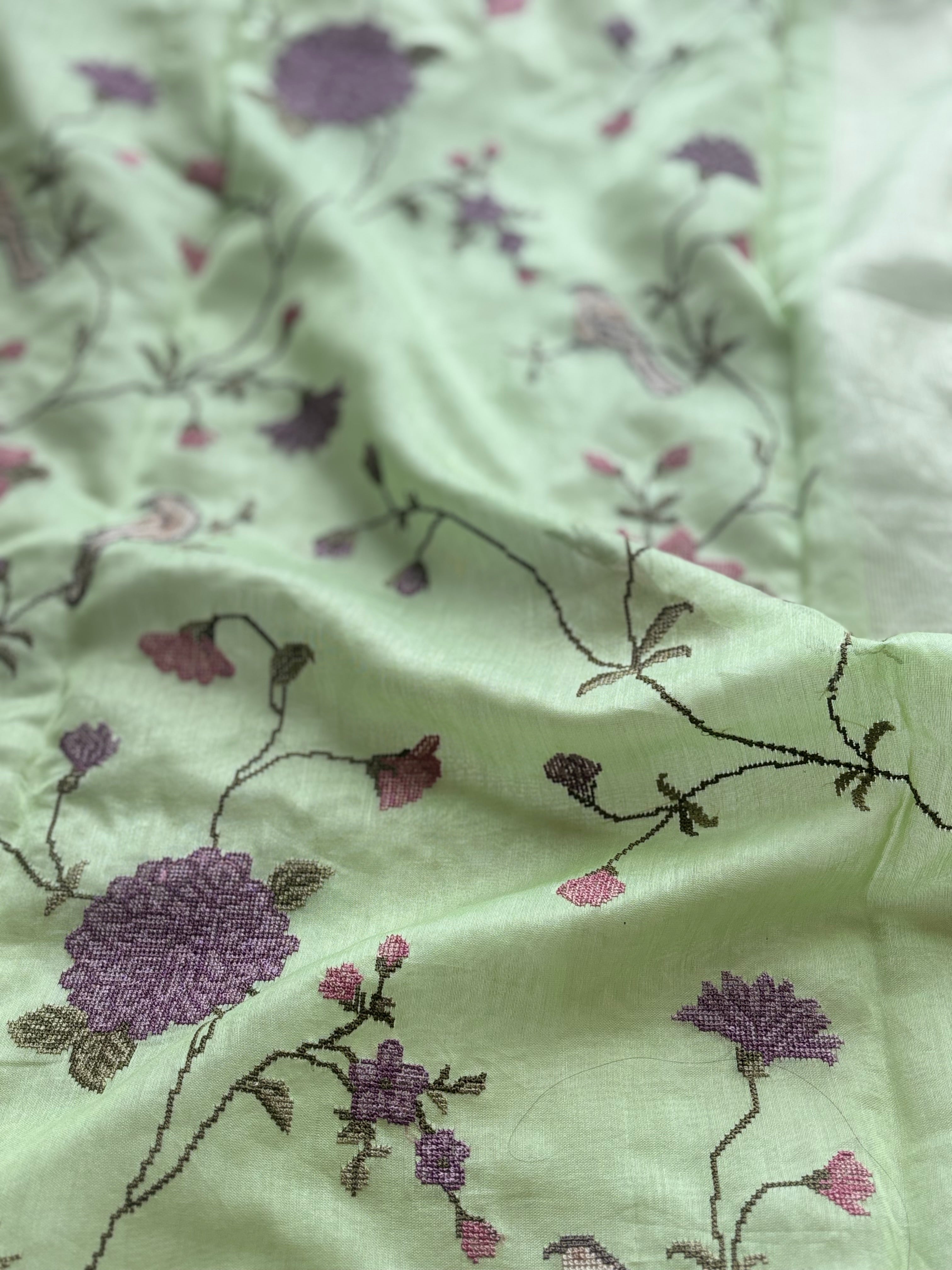 Green floral embroidered chanderi saree
