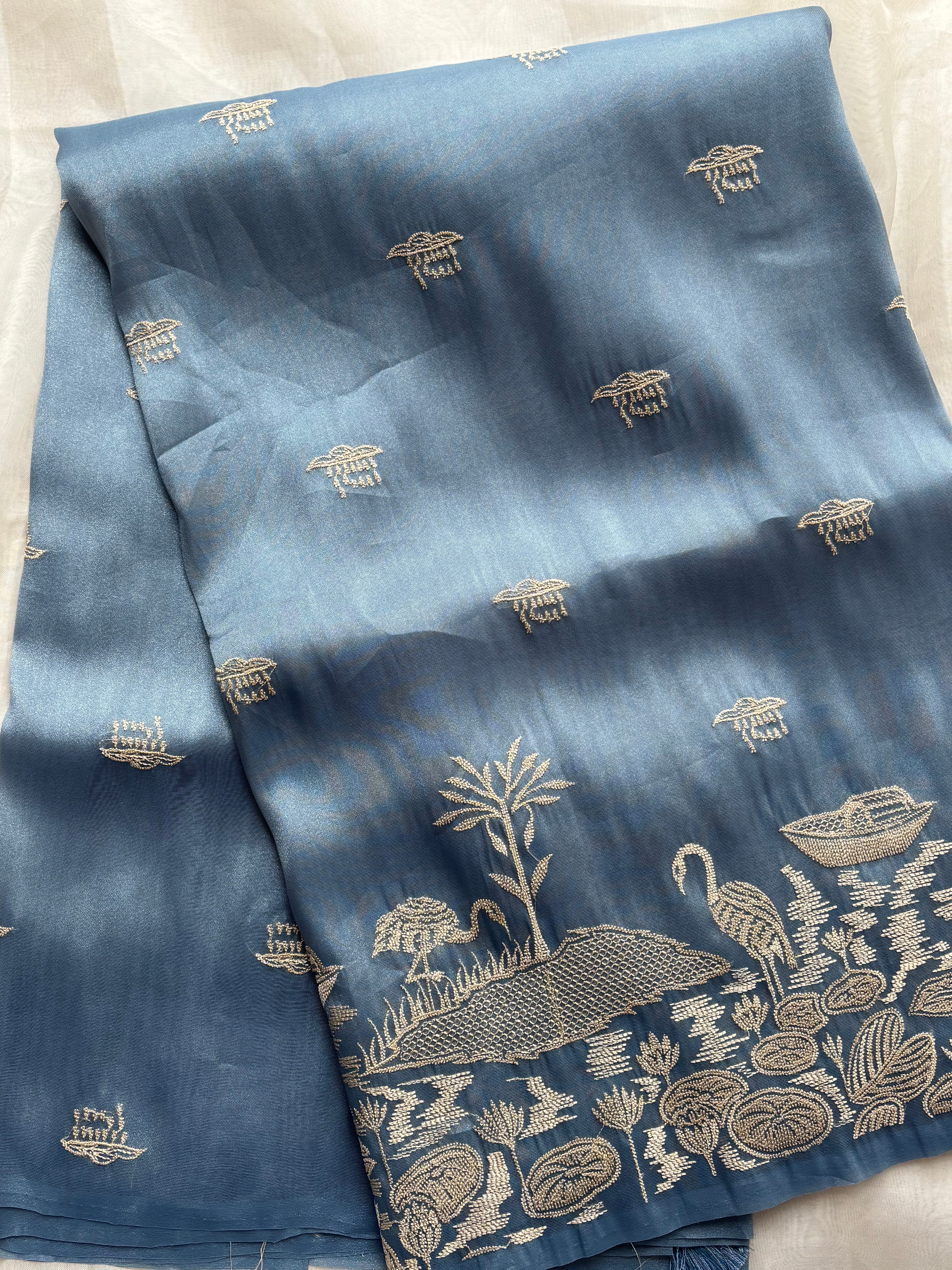 Steel blue semi tissue saree