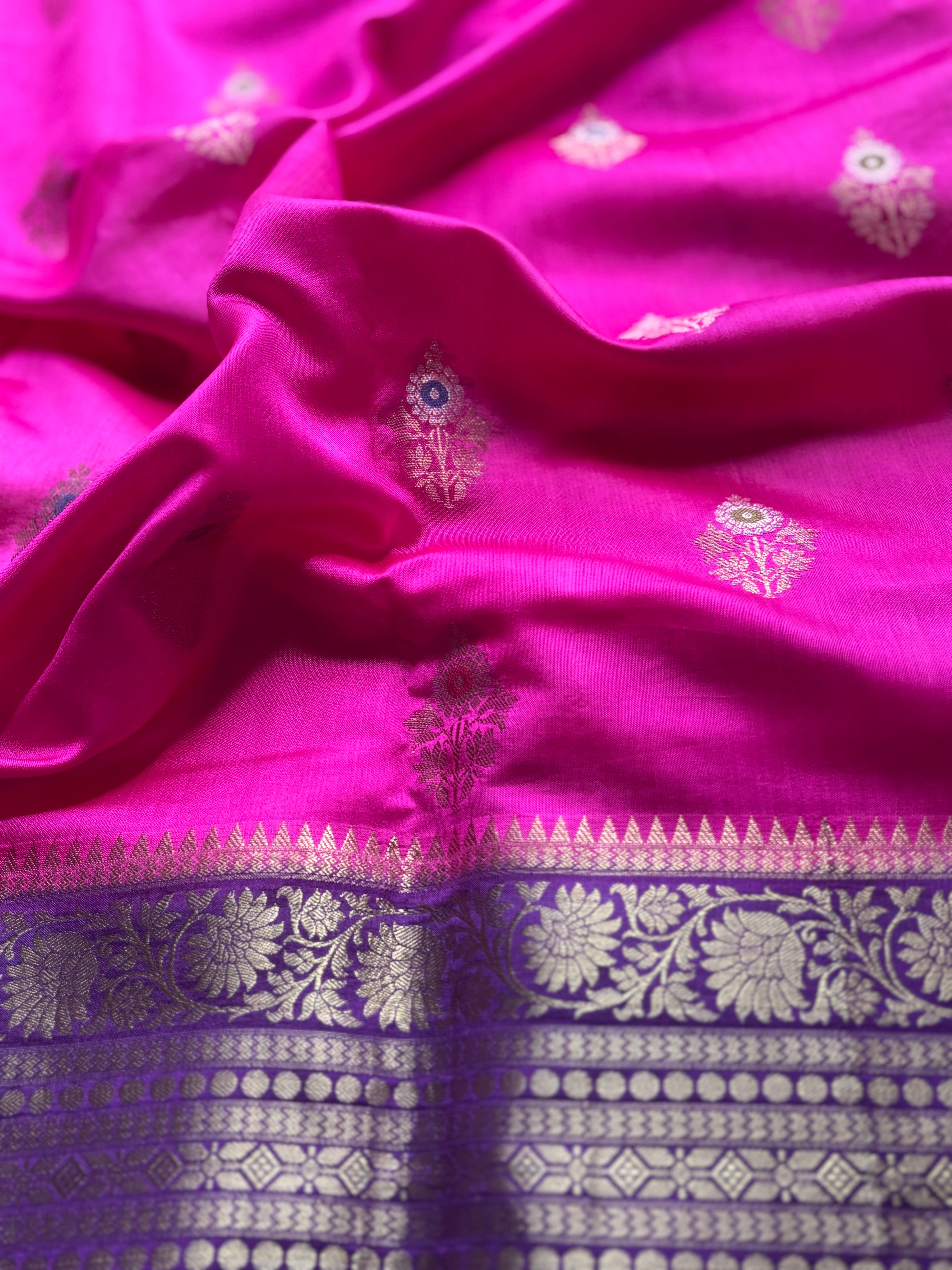 Bright pink pure Banarasi silk saree