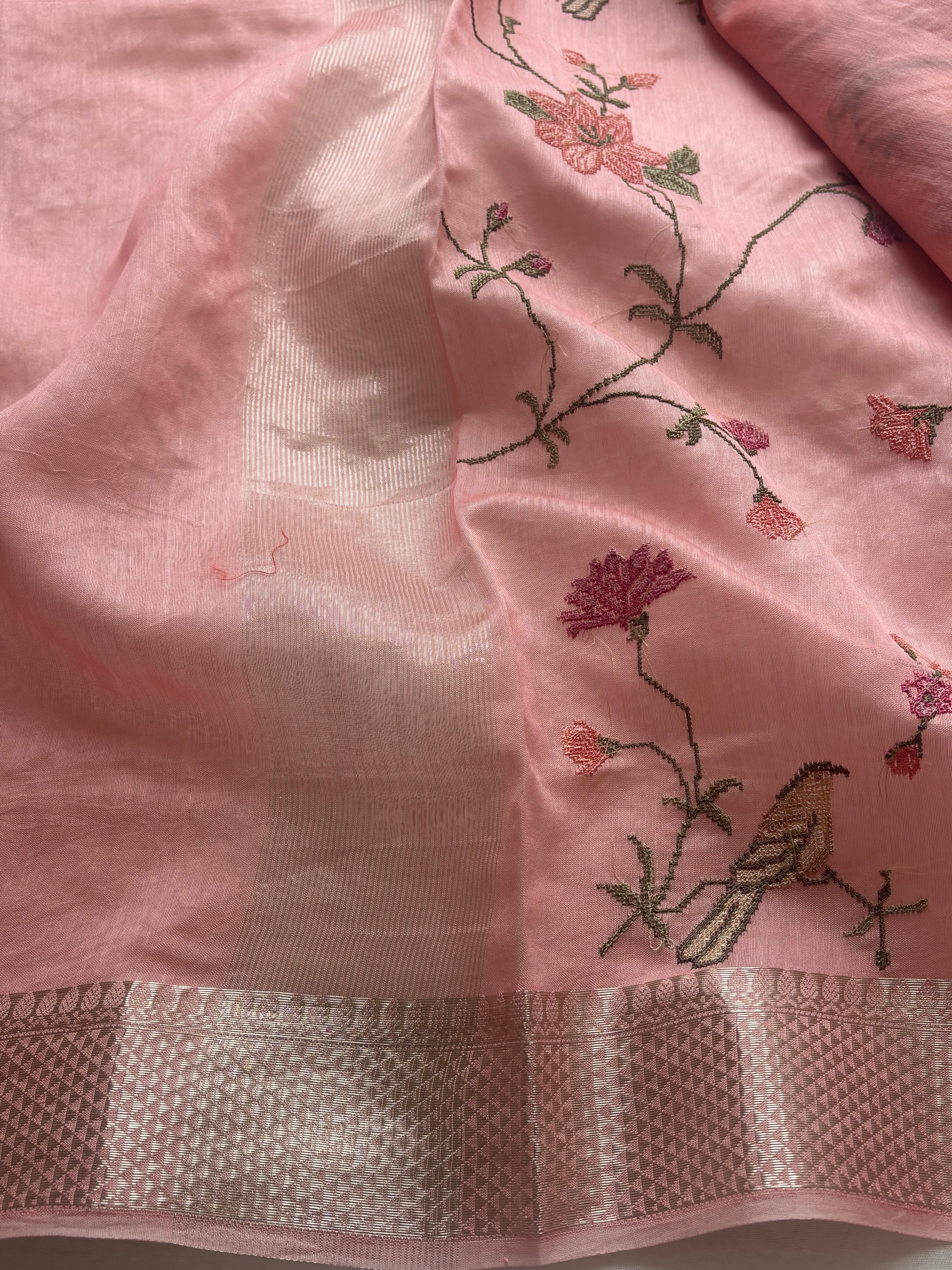 Peach floral embroidered chanderi saree