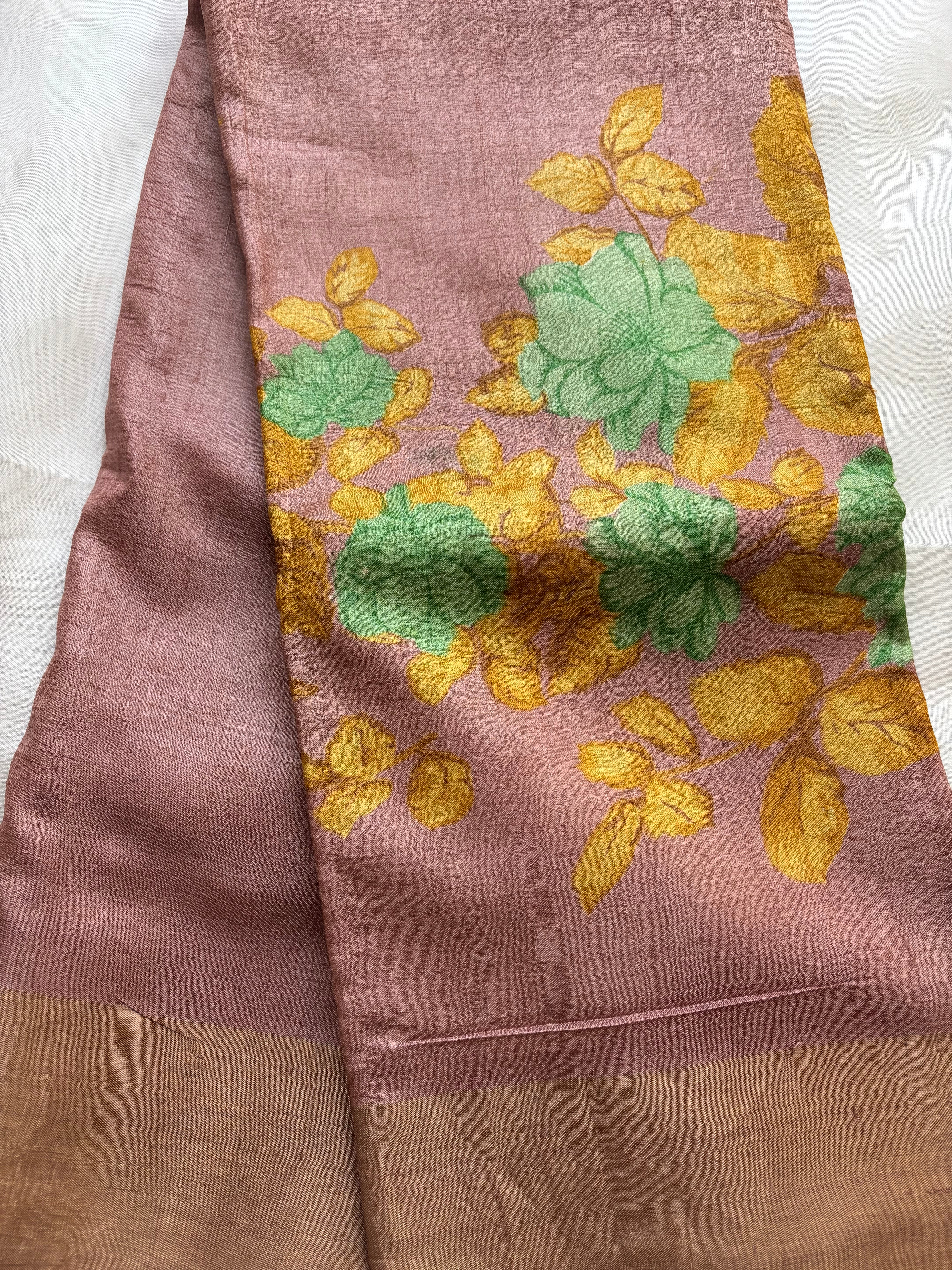 Onion pink floral tussar saree