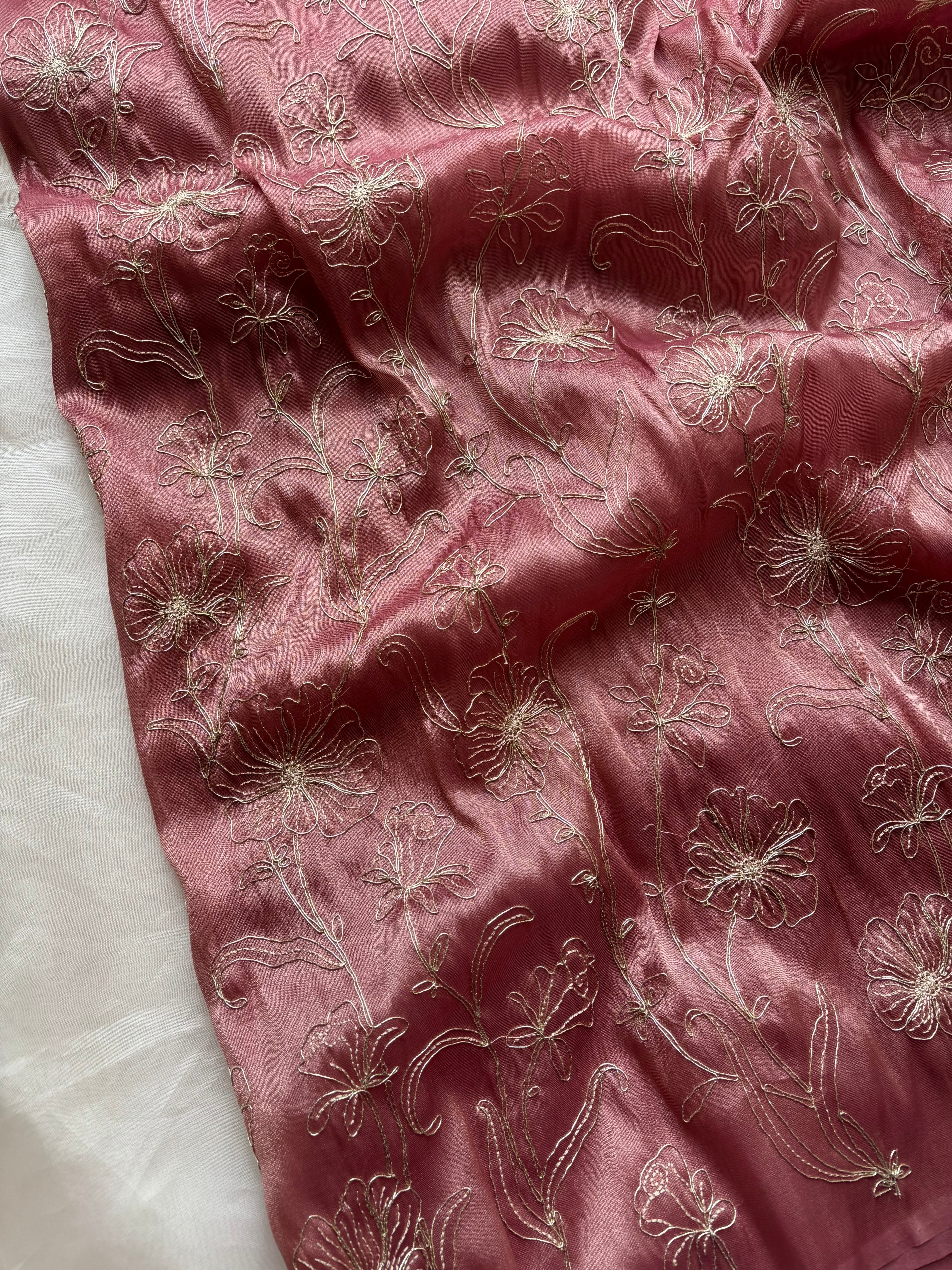 Floral rose pink shimmer organza saree
