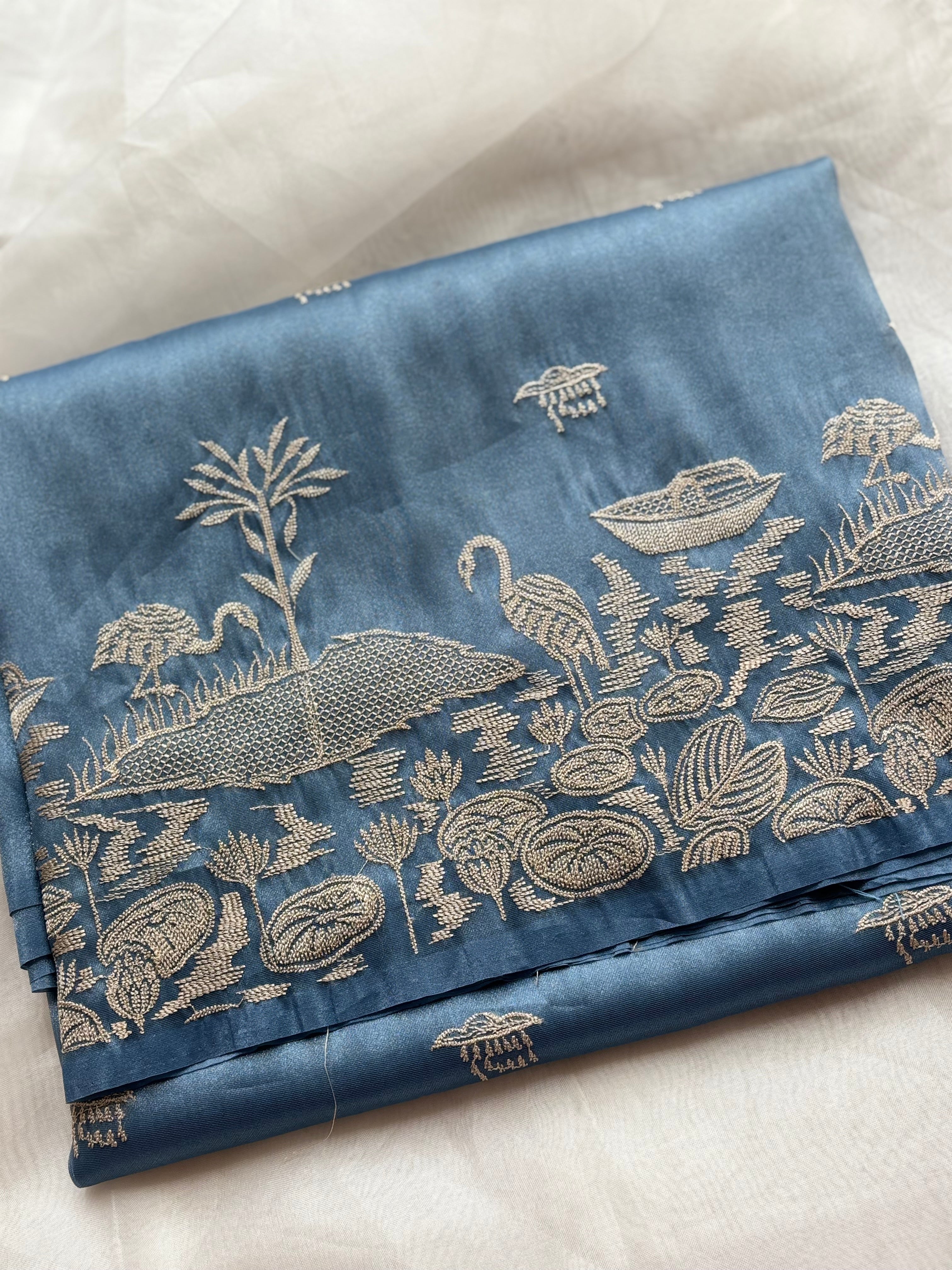 Steel blue semi tissue saree