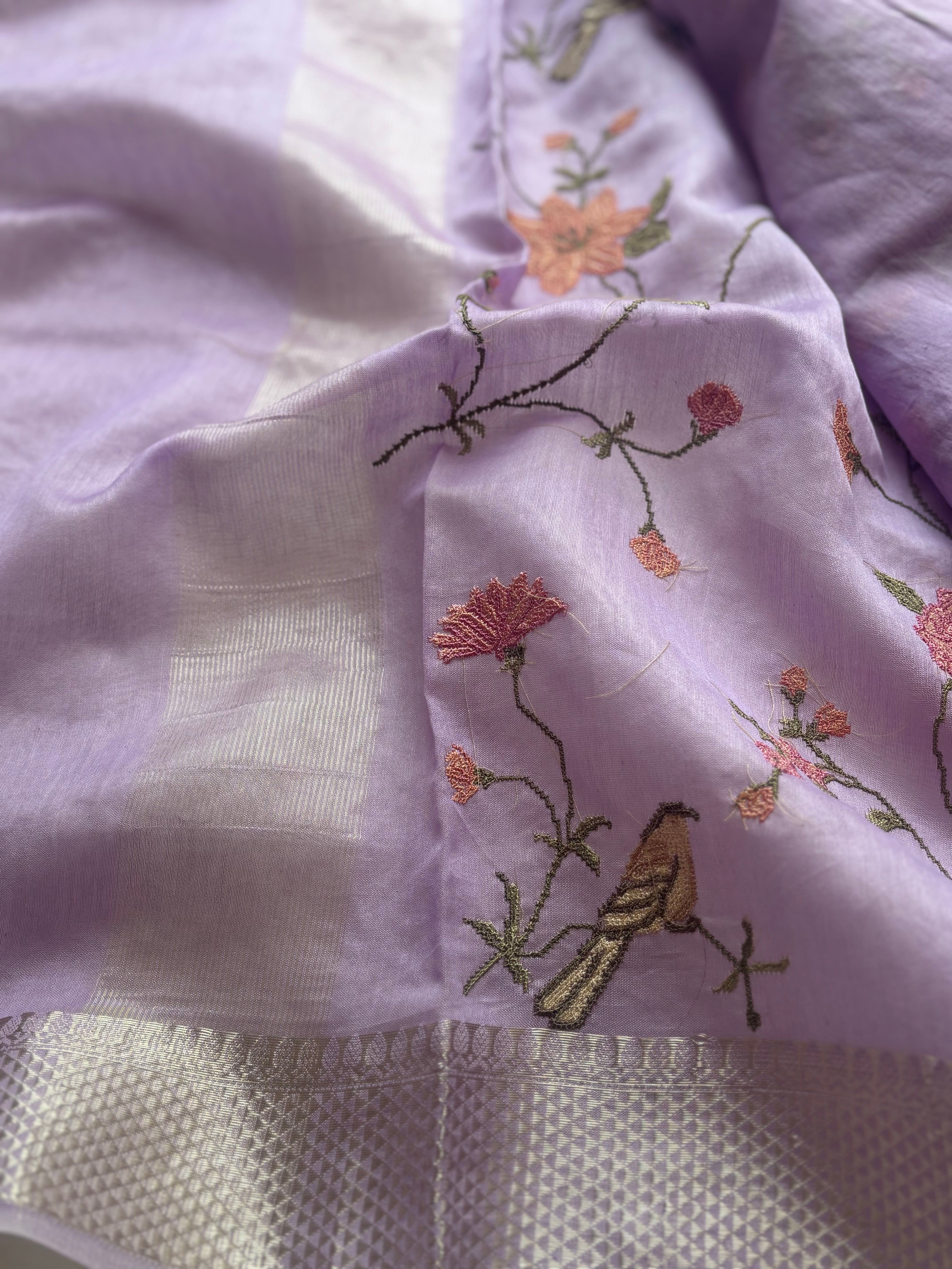 Purple floral embroidered chanderi saree