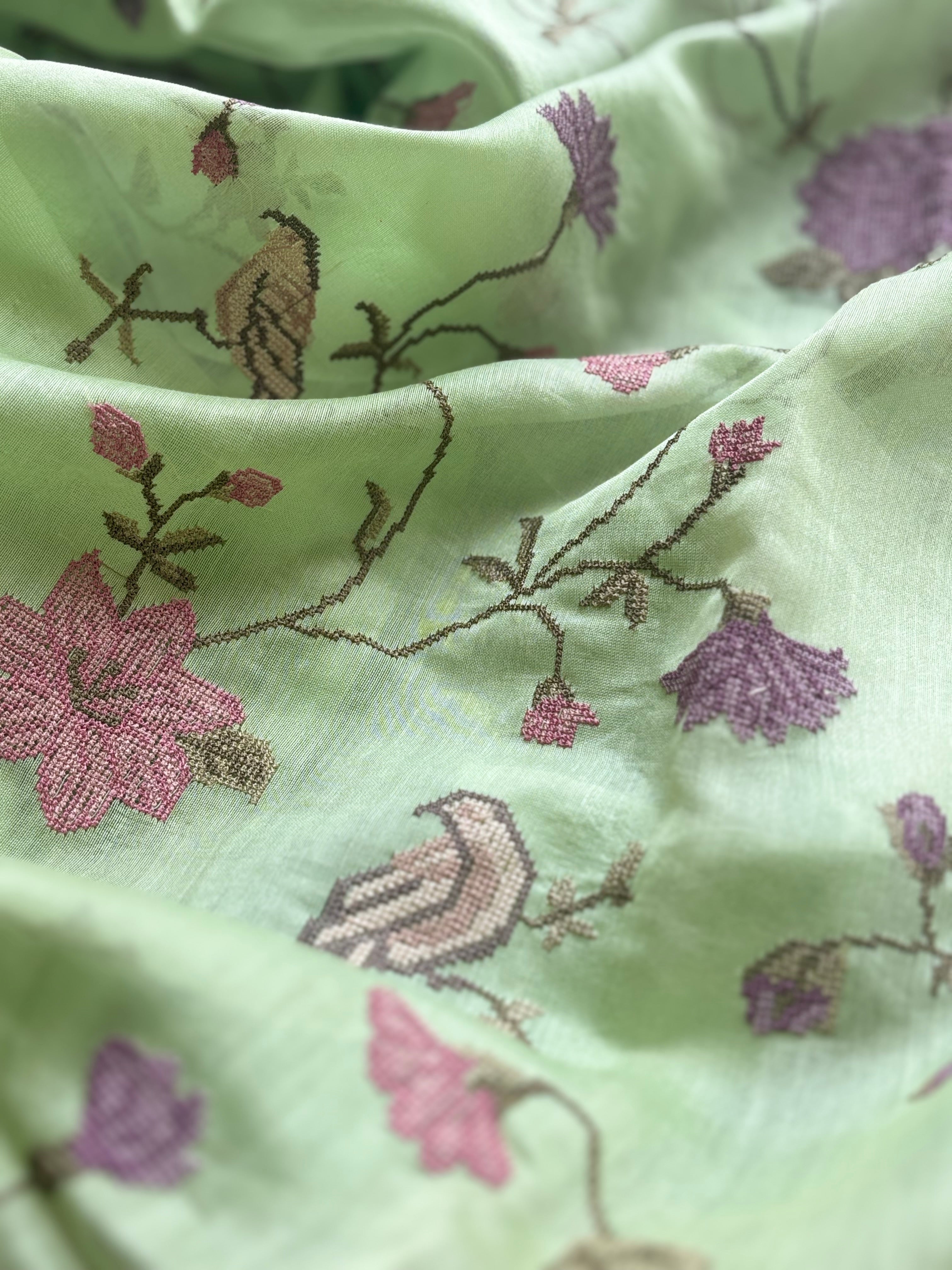 Green floral embroidered chanderi saree
