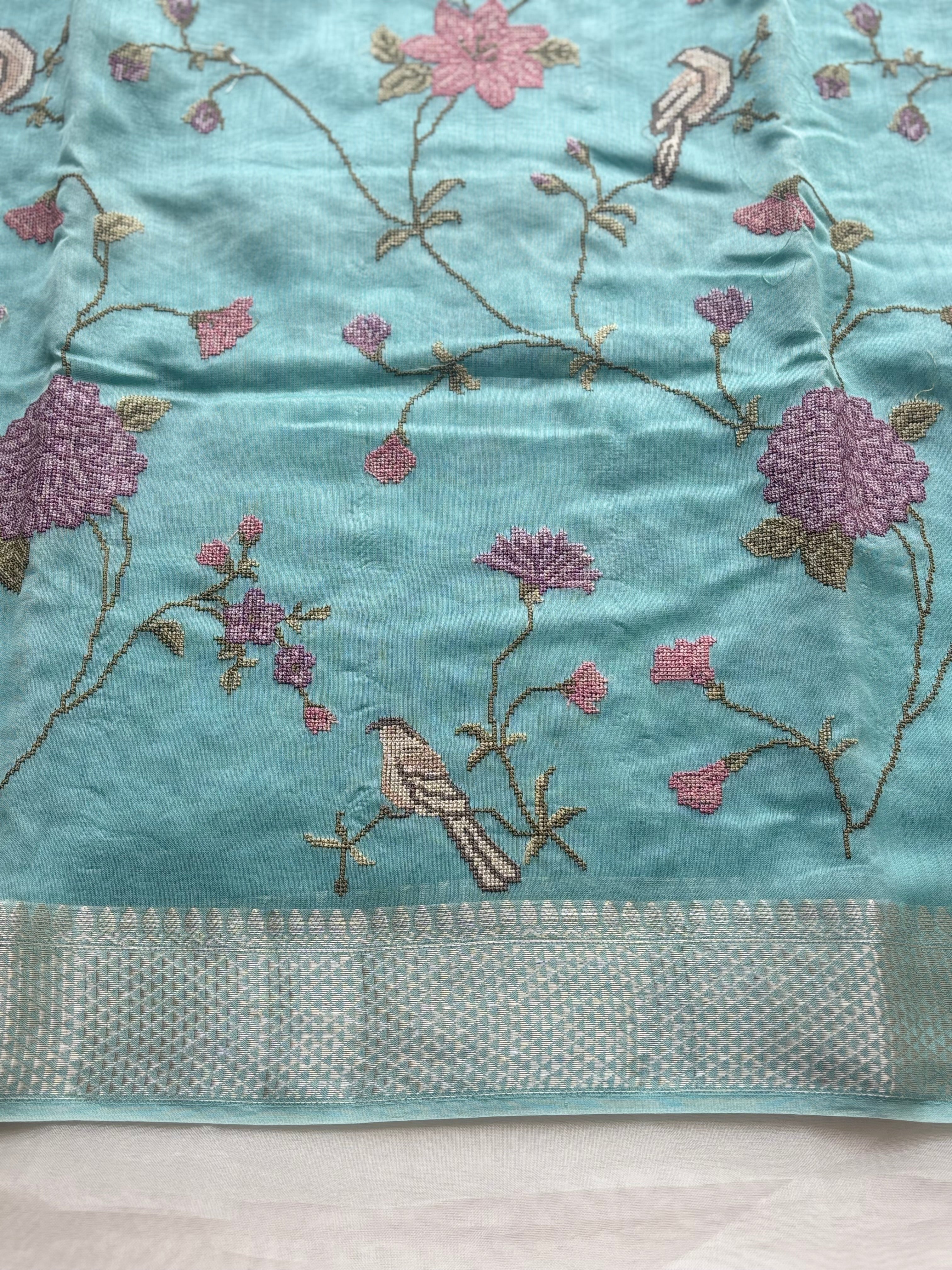 Light blue floral embroidered chanderi saree