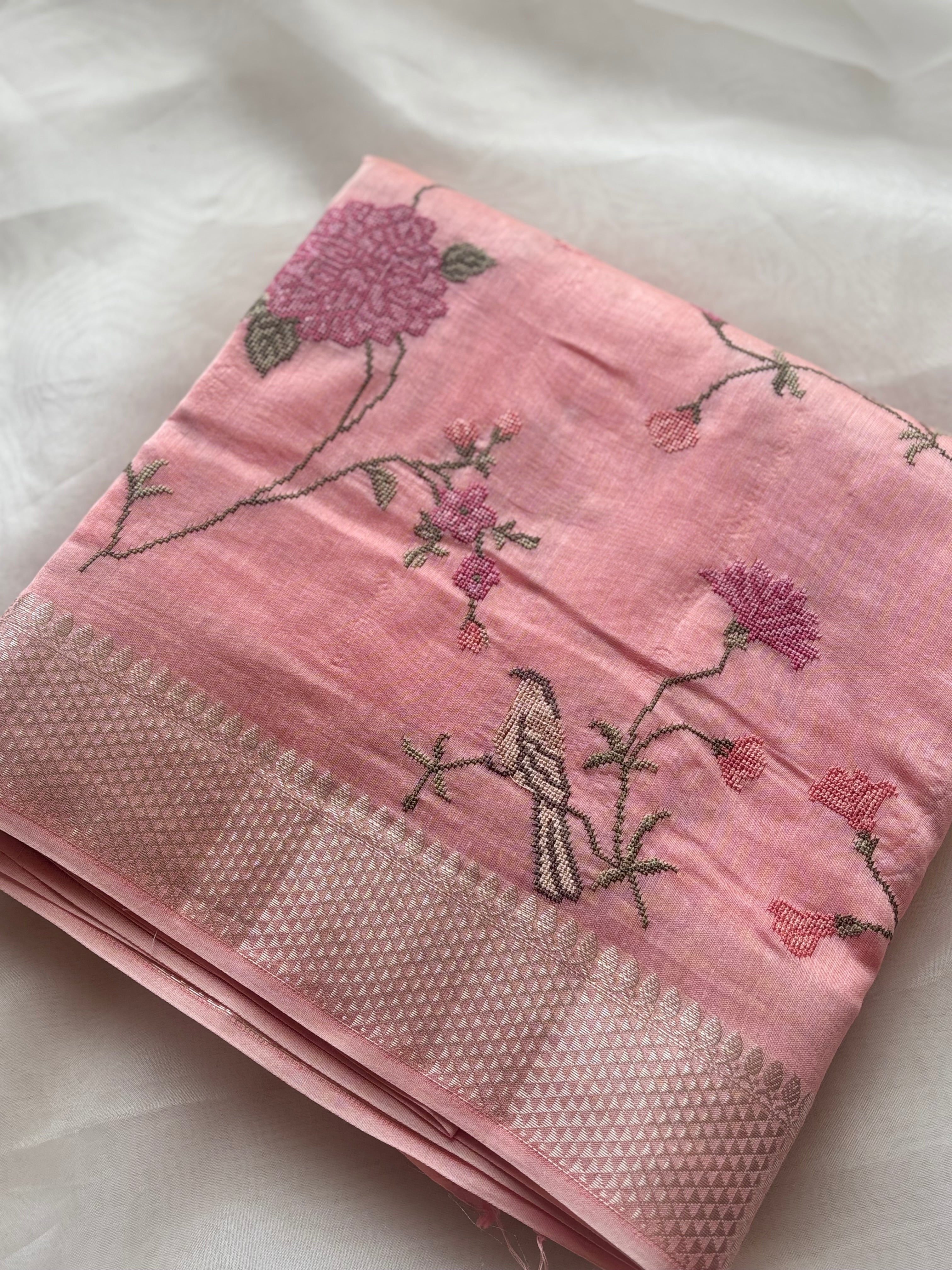 Peach floral embroidered chanderi saree