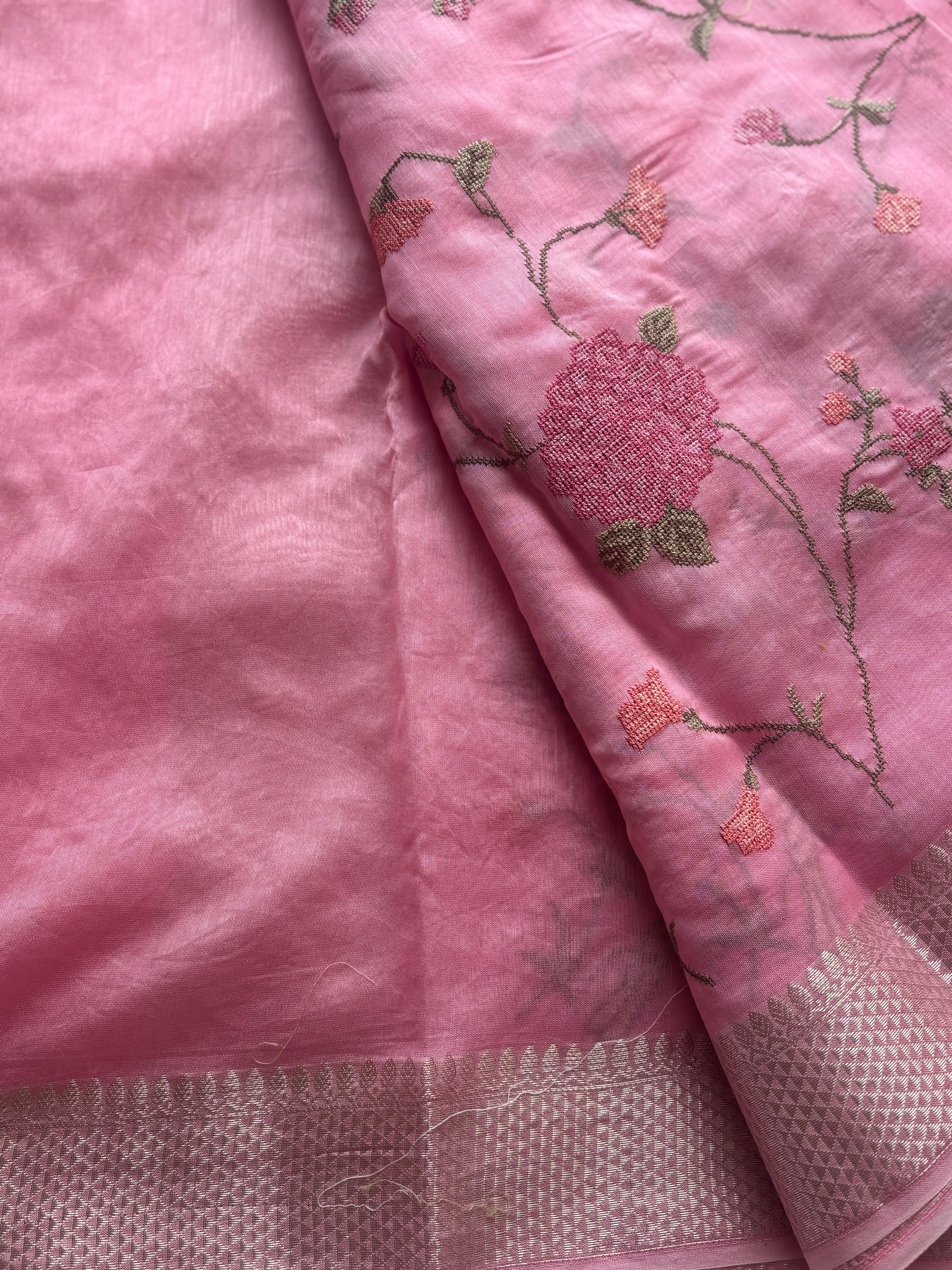Baby pink floral embroidered chanderi saree