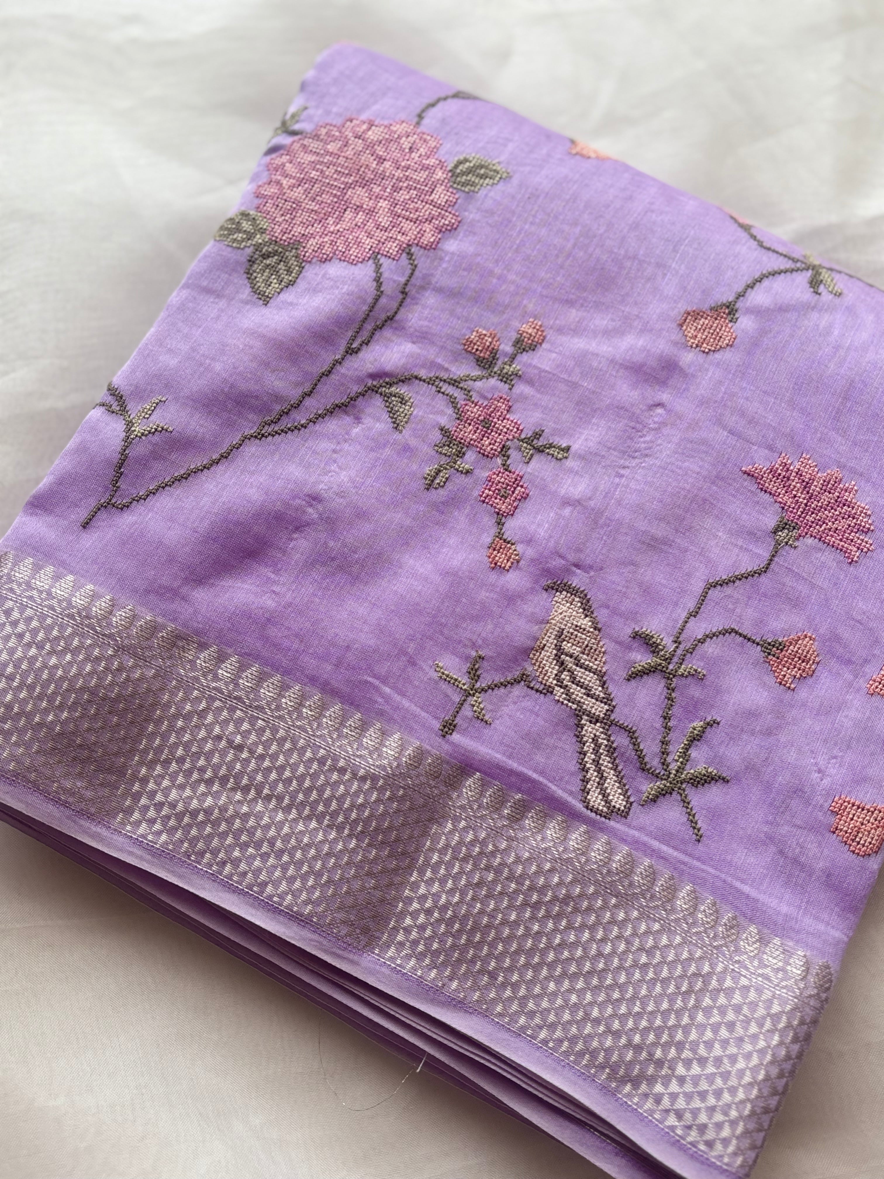 Purple floral embroidered chanderi saree