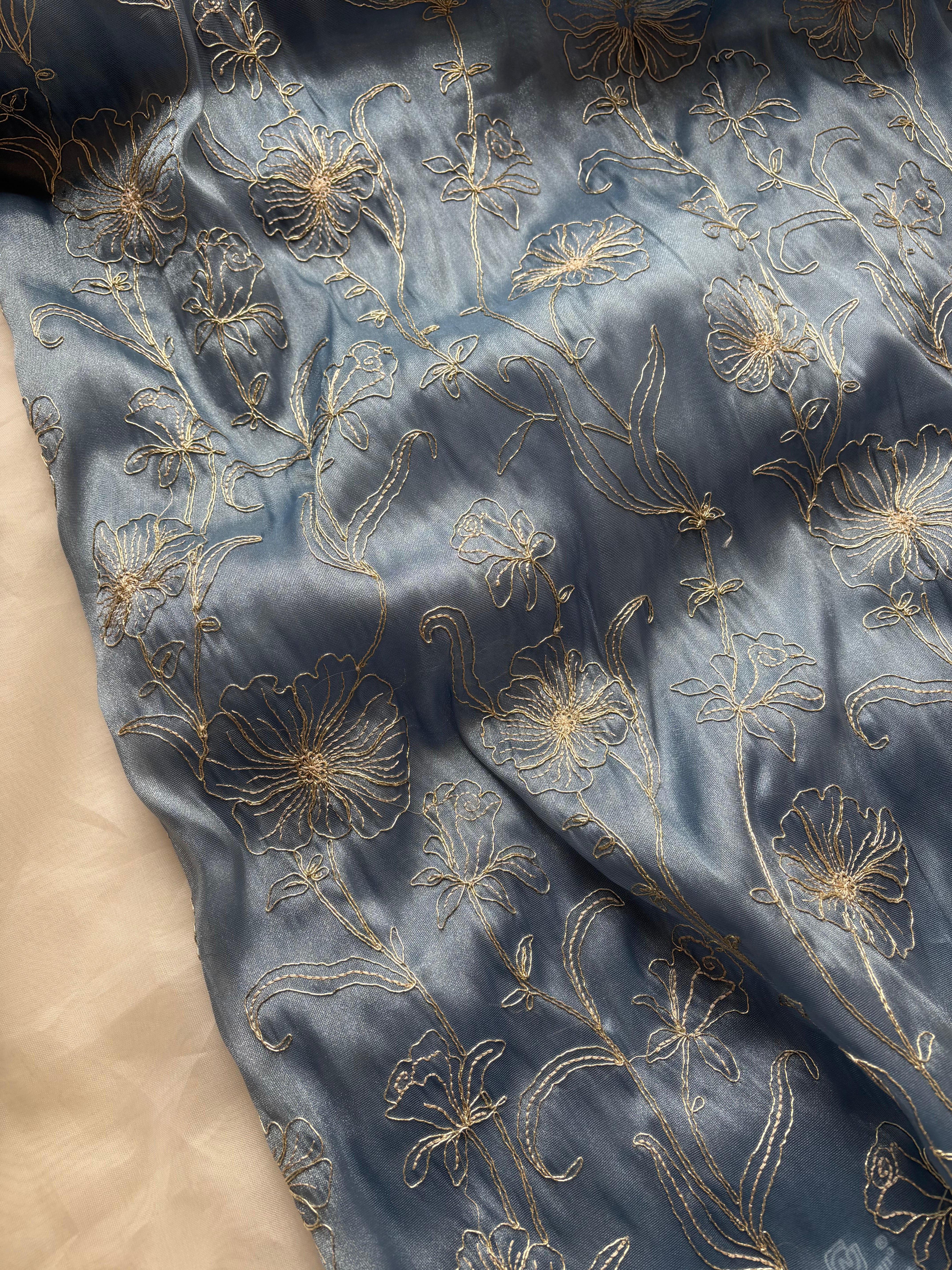 Floral blue shimmer organza saree
