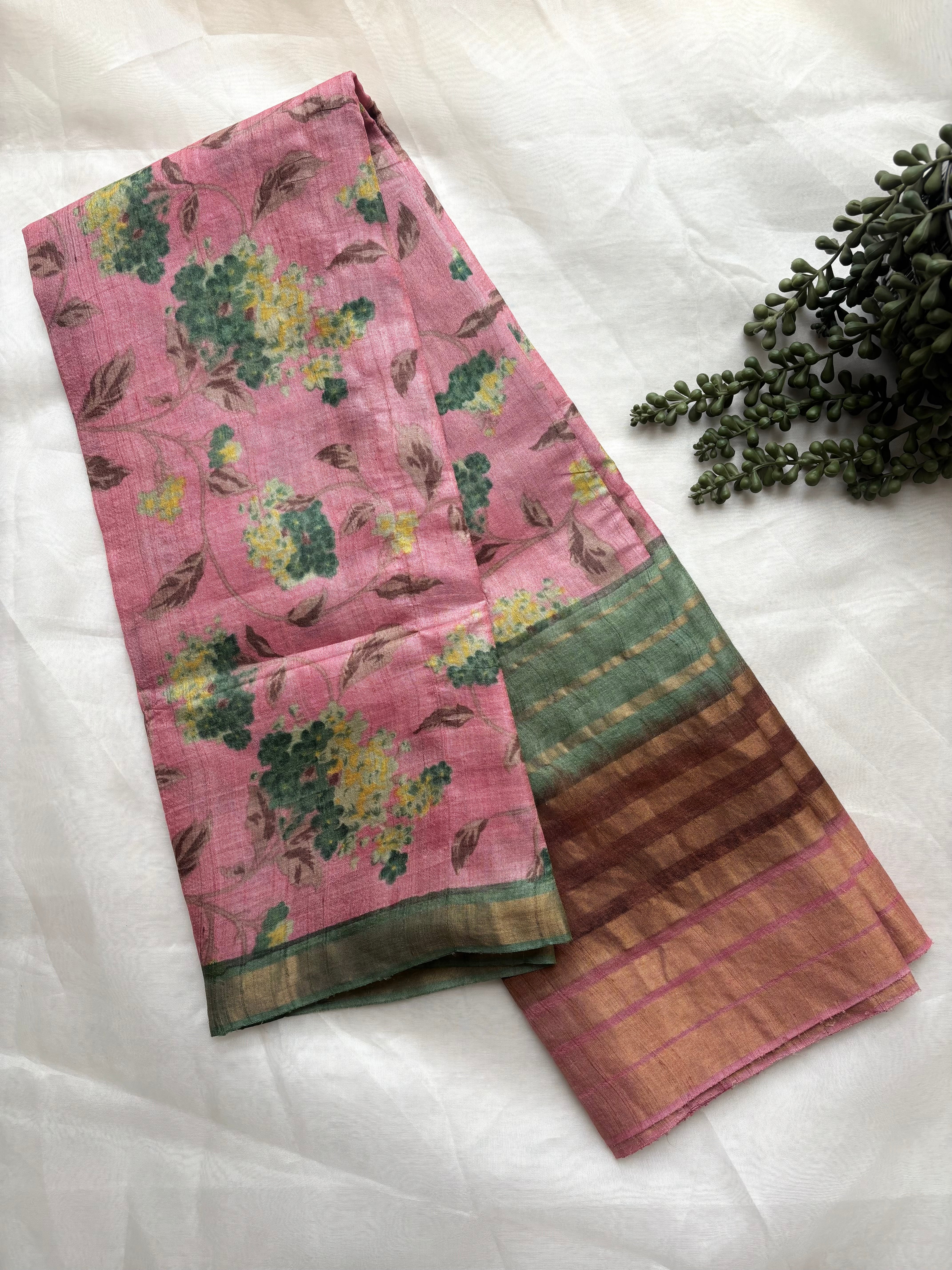 Soft Pink and green floral tussar saree