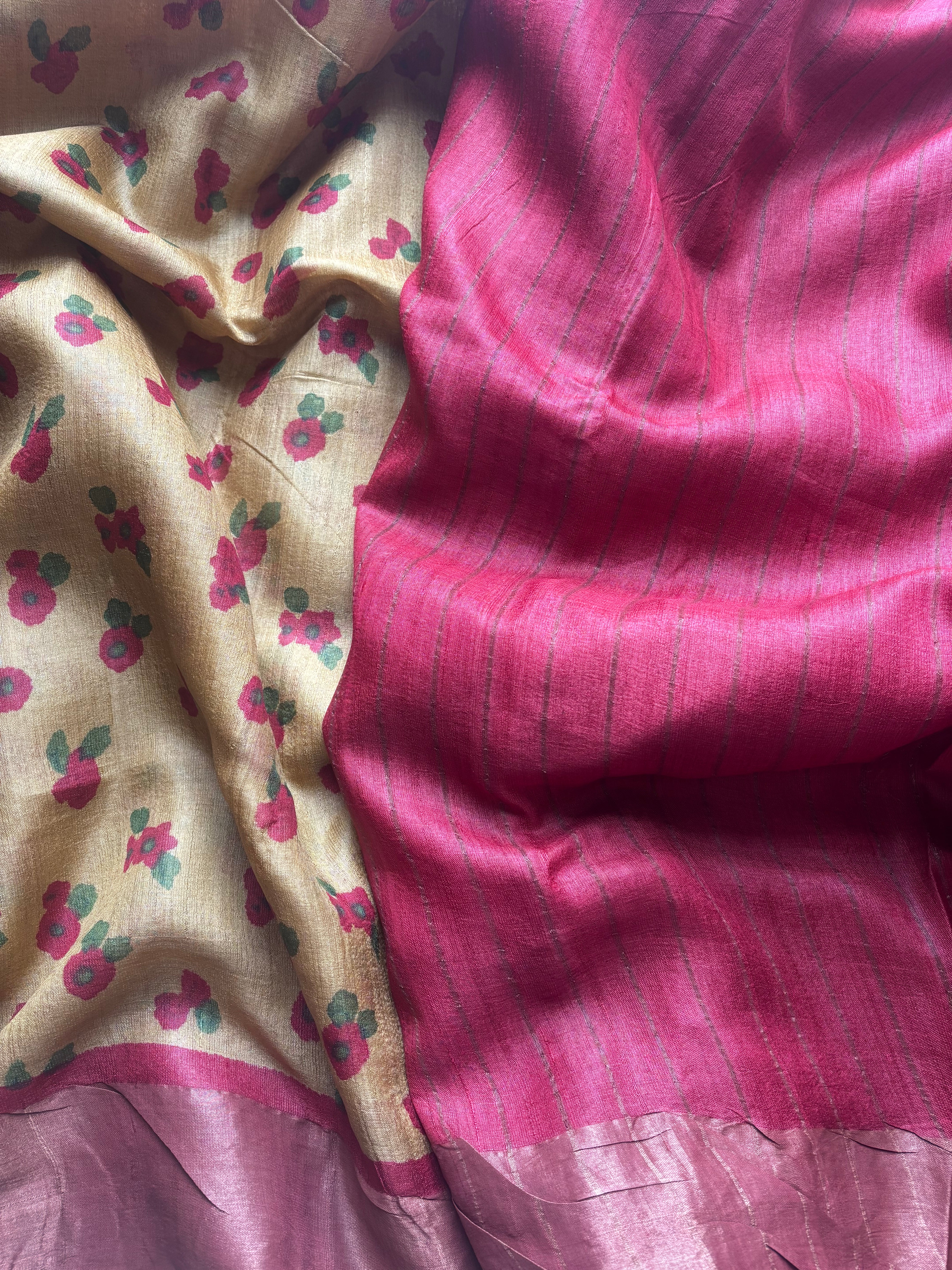 Mustard with maroon floral tussar saree