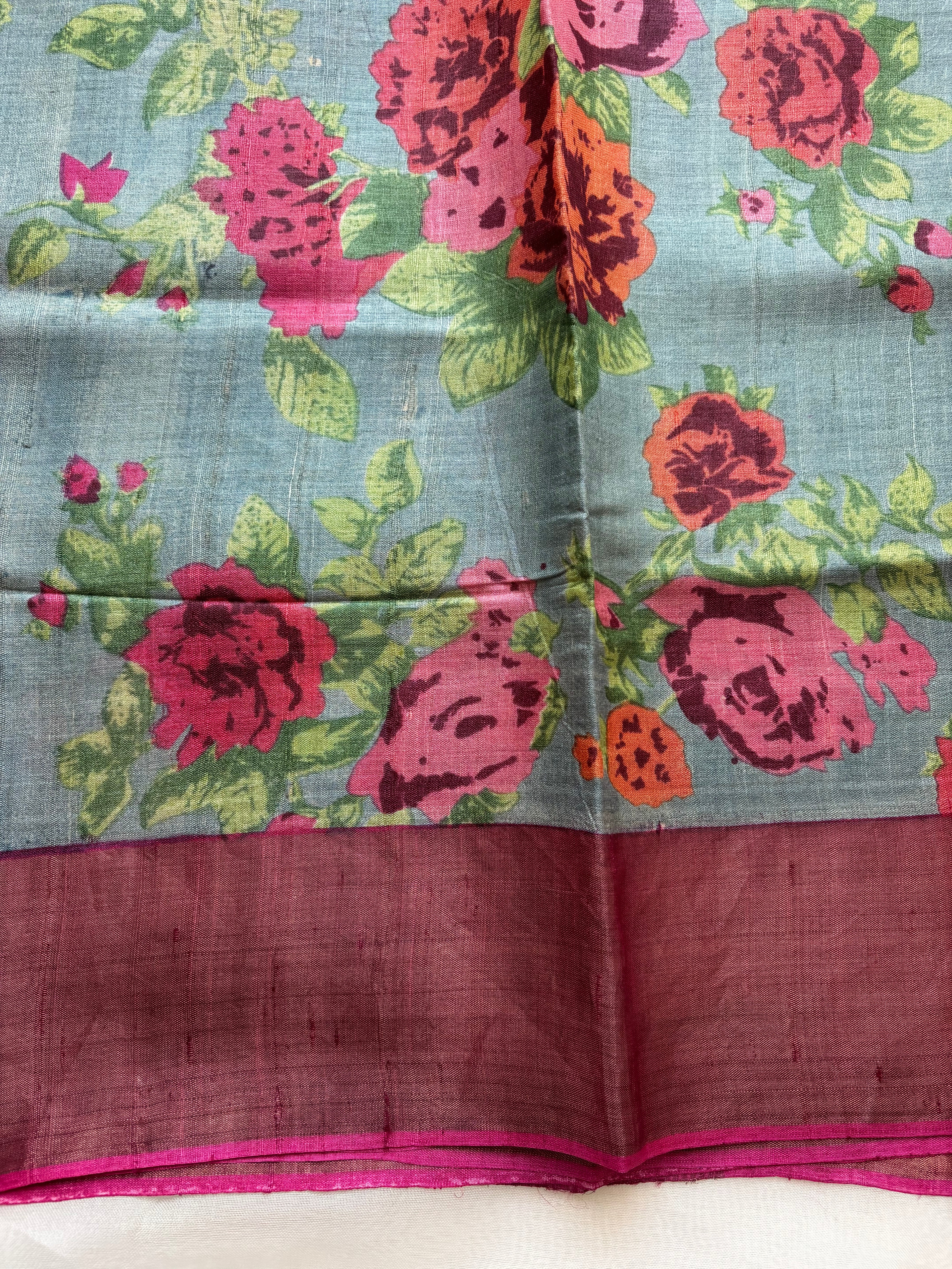 Grey pink floral tussar saree