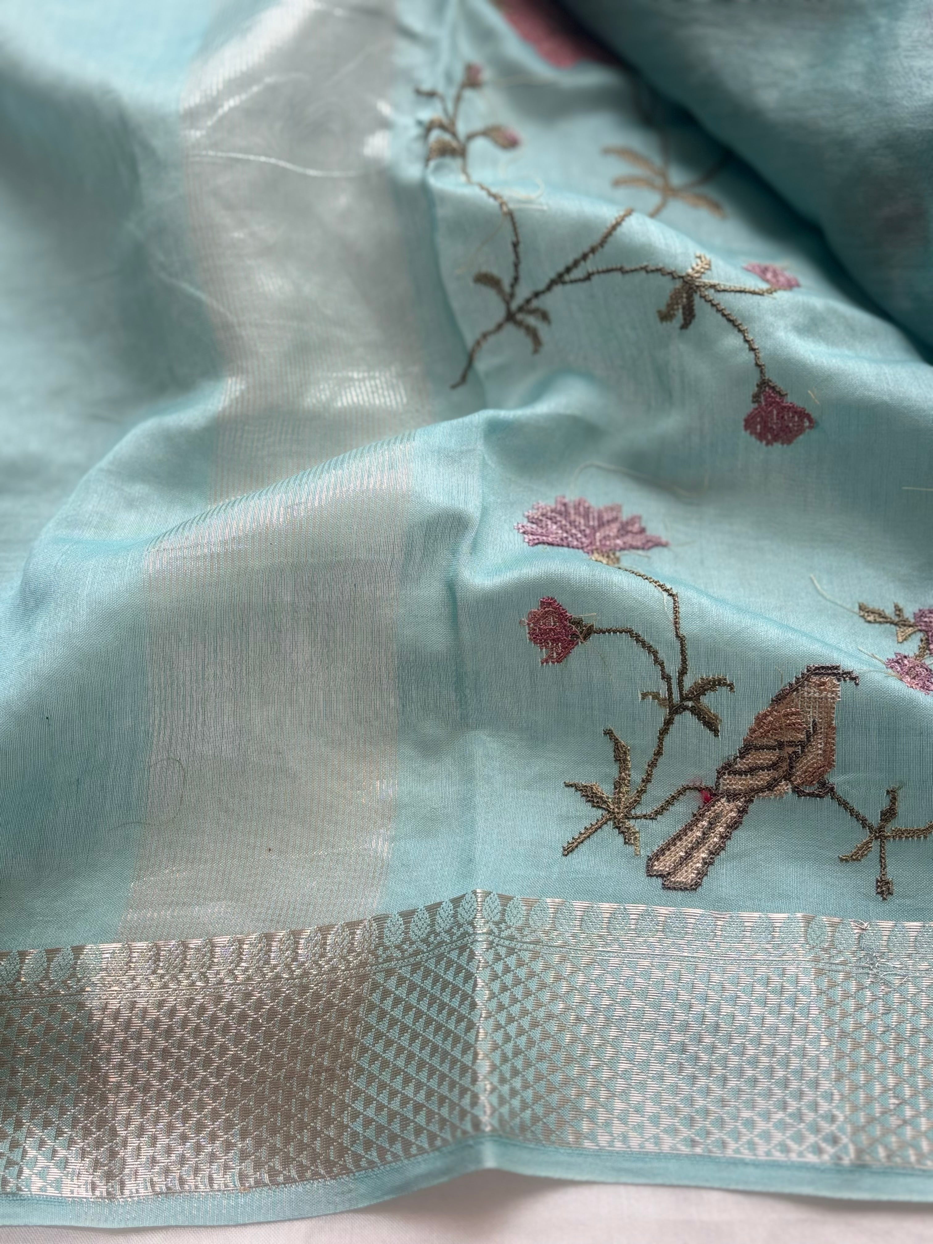 Light blue floral embroidered chanderi saree