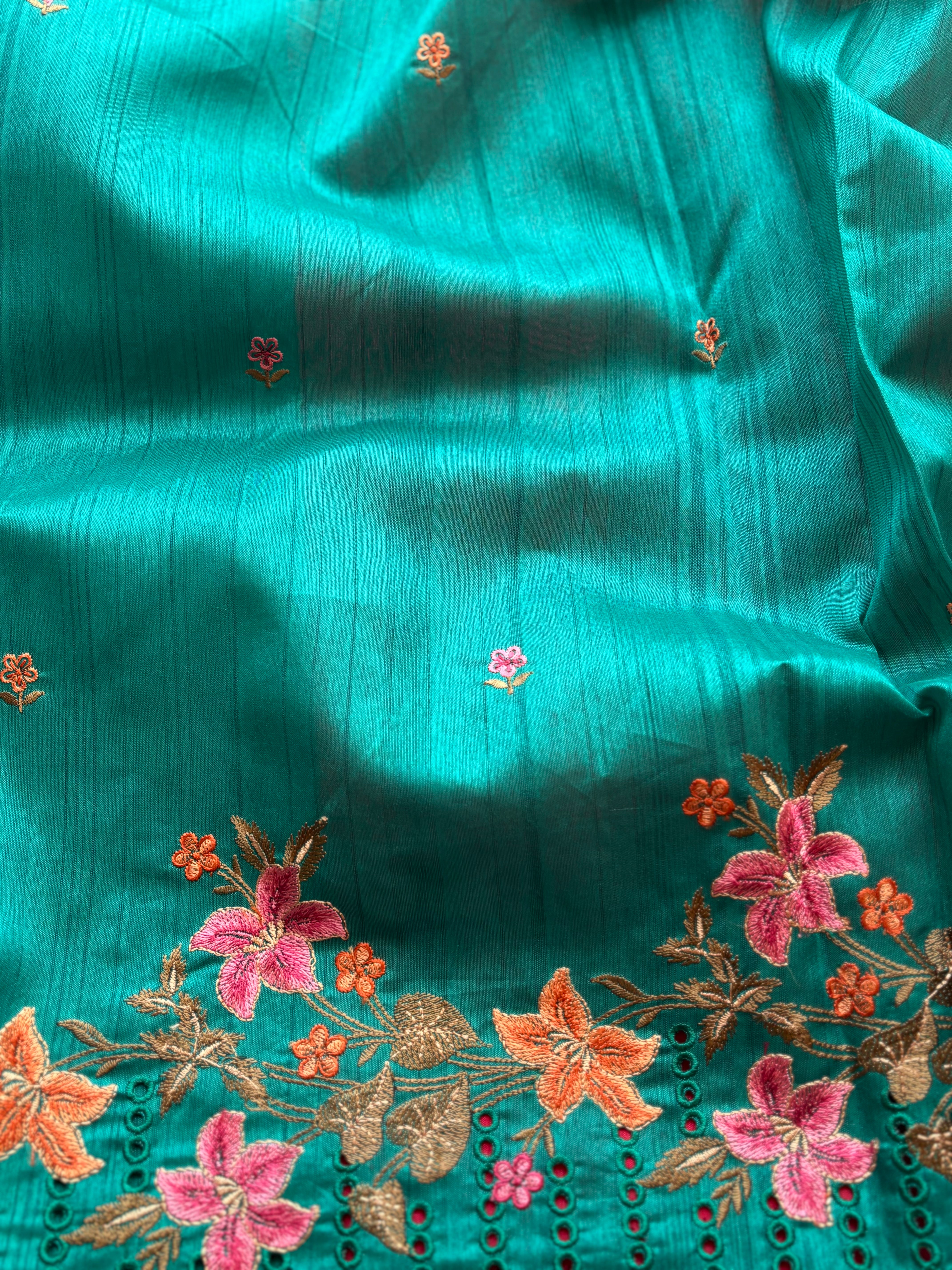 Teal blue floral semi tussar saree