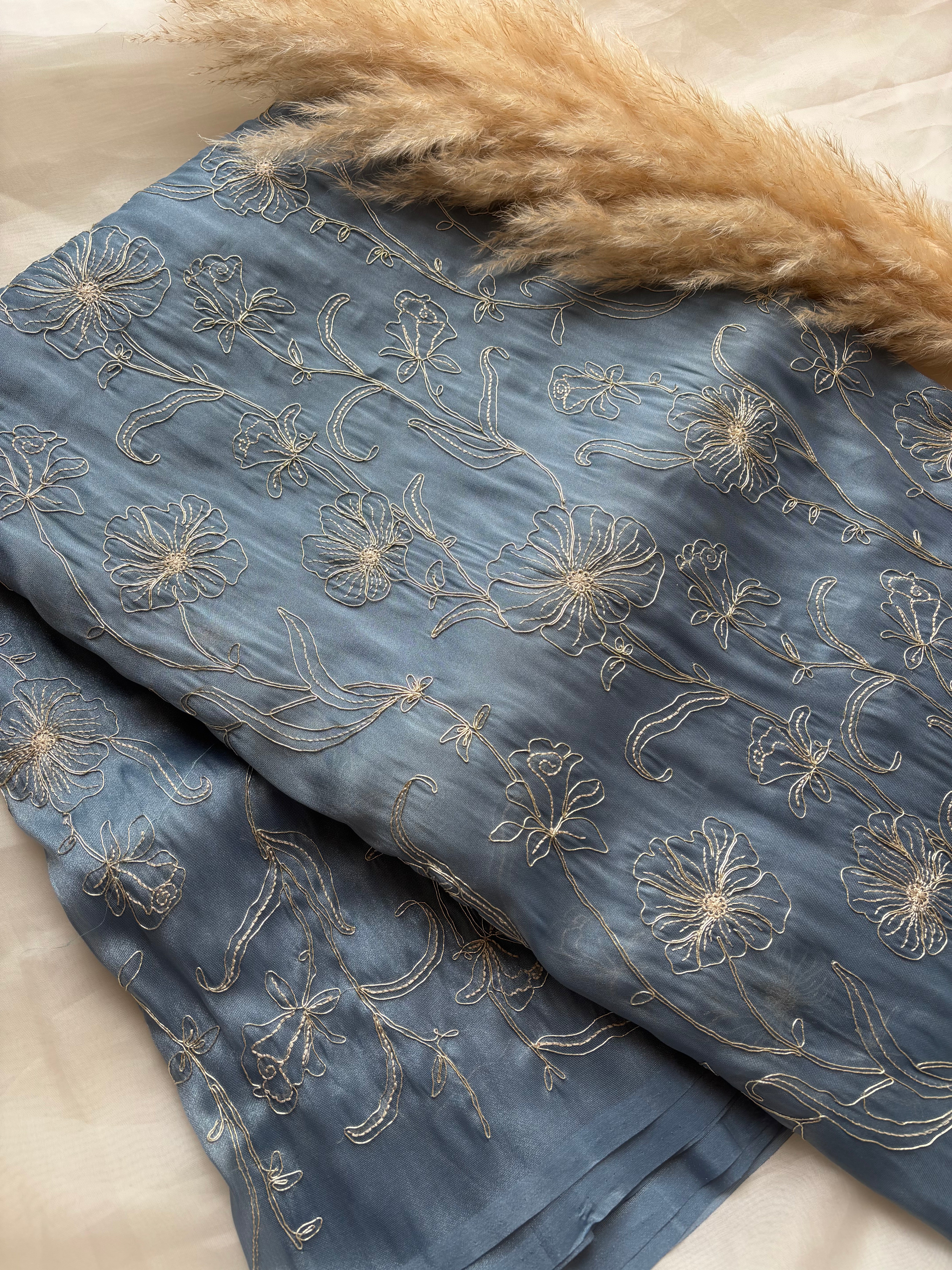 Floral blue shimmer organza saree