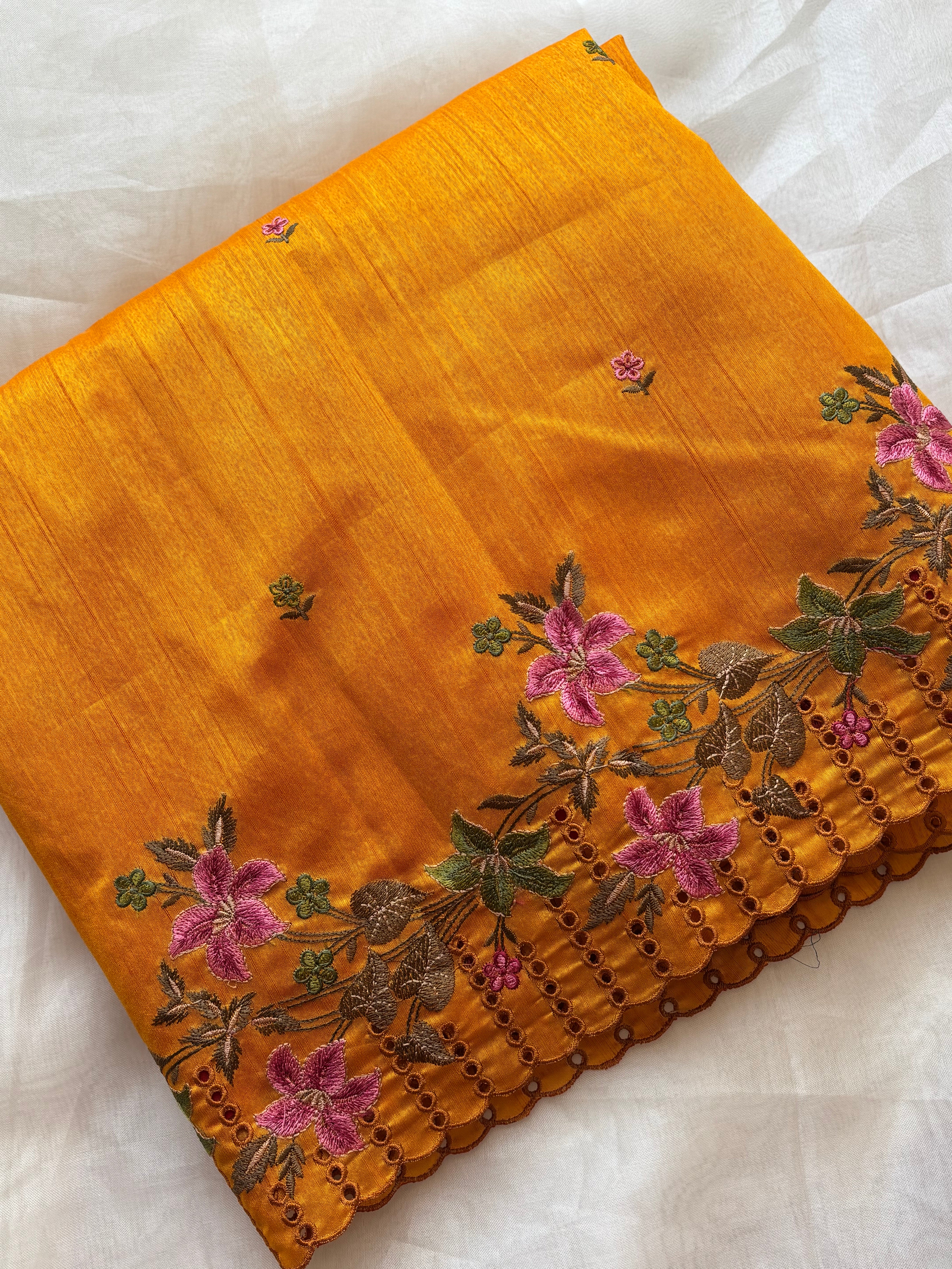 Yellow floral semi tussar saree