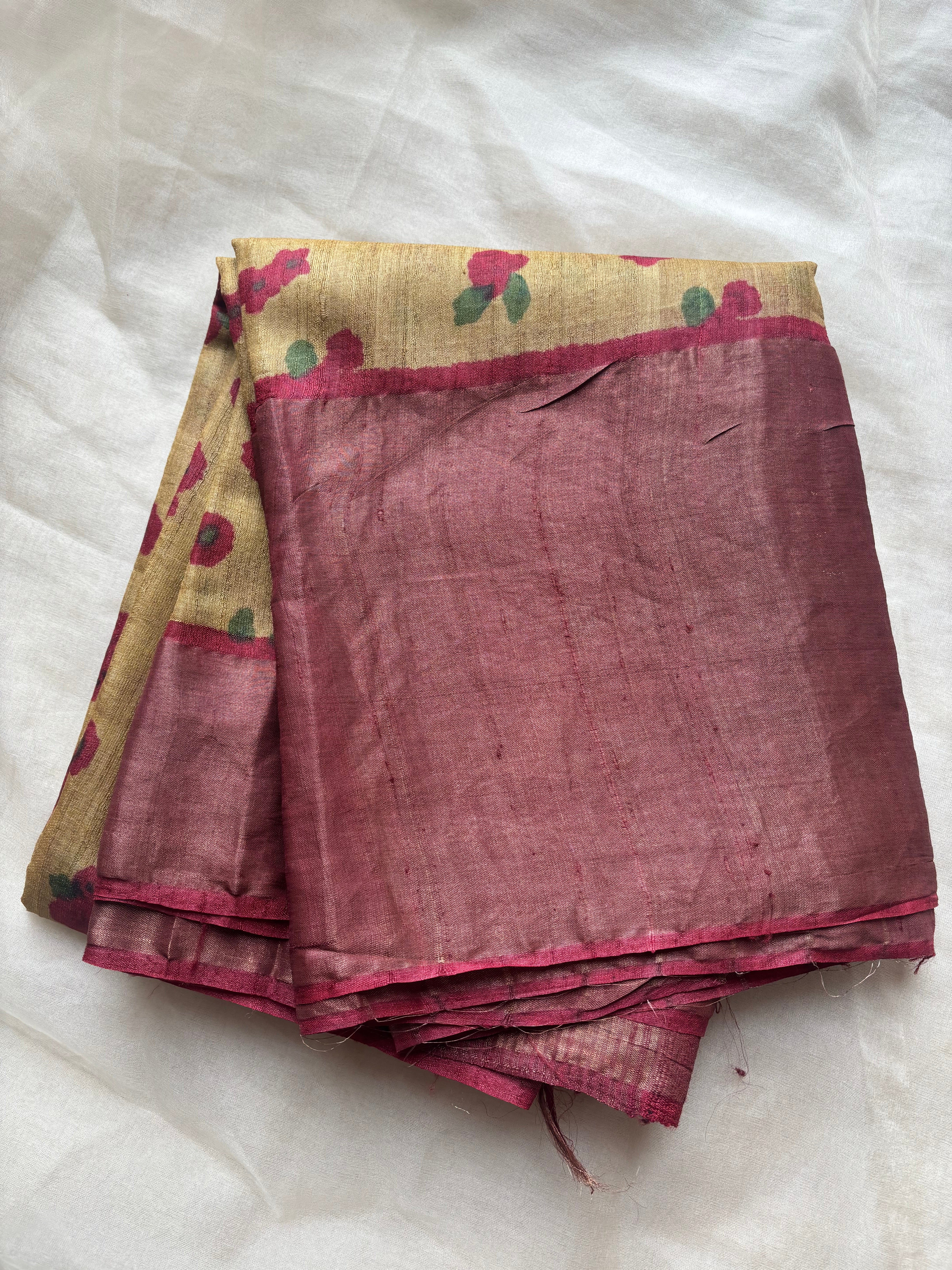 Mustard with maroon floral tussar saree