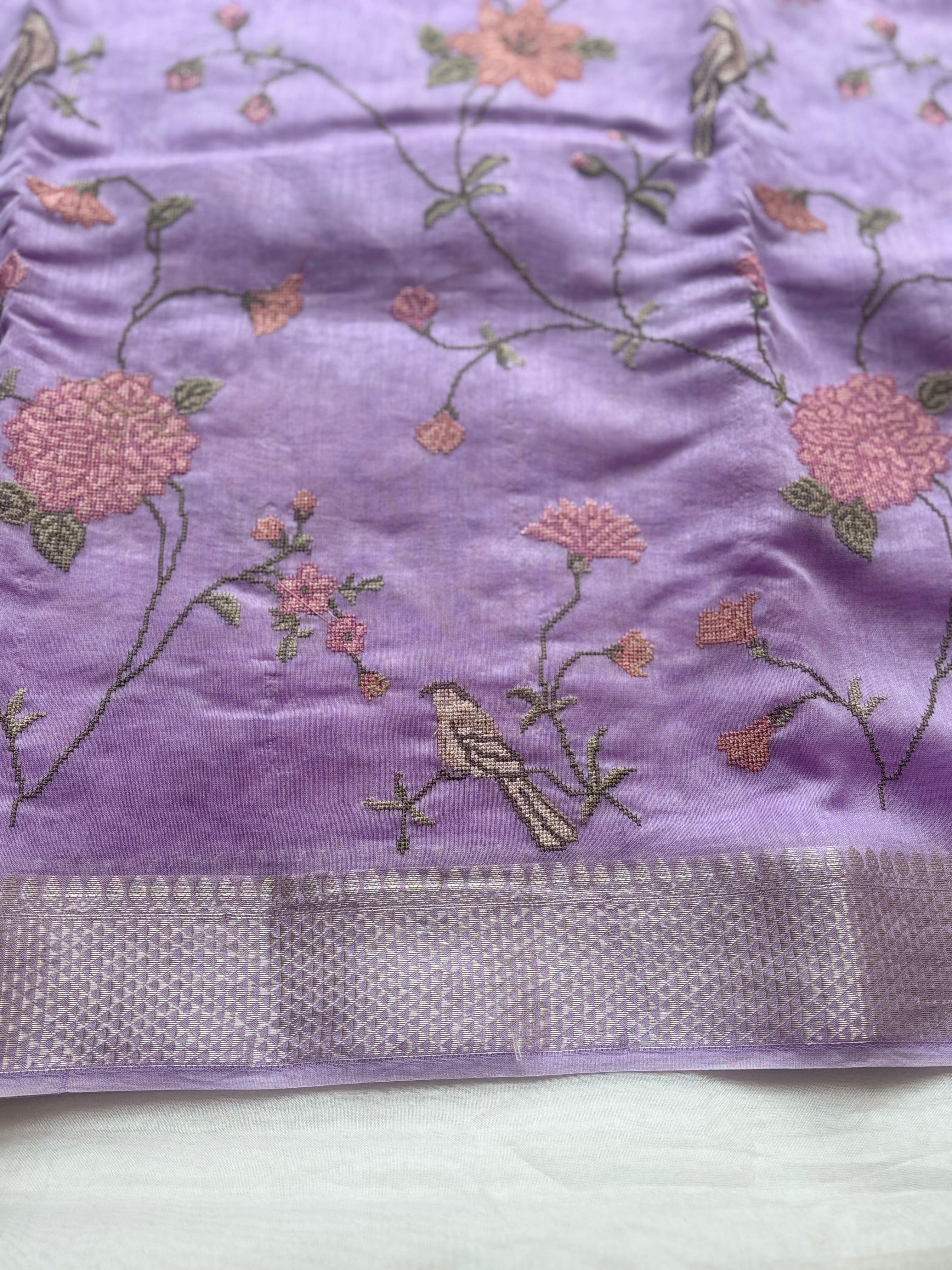 Purple floral embroidered chanderi saree