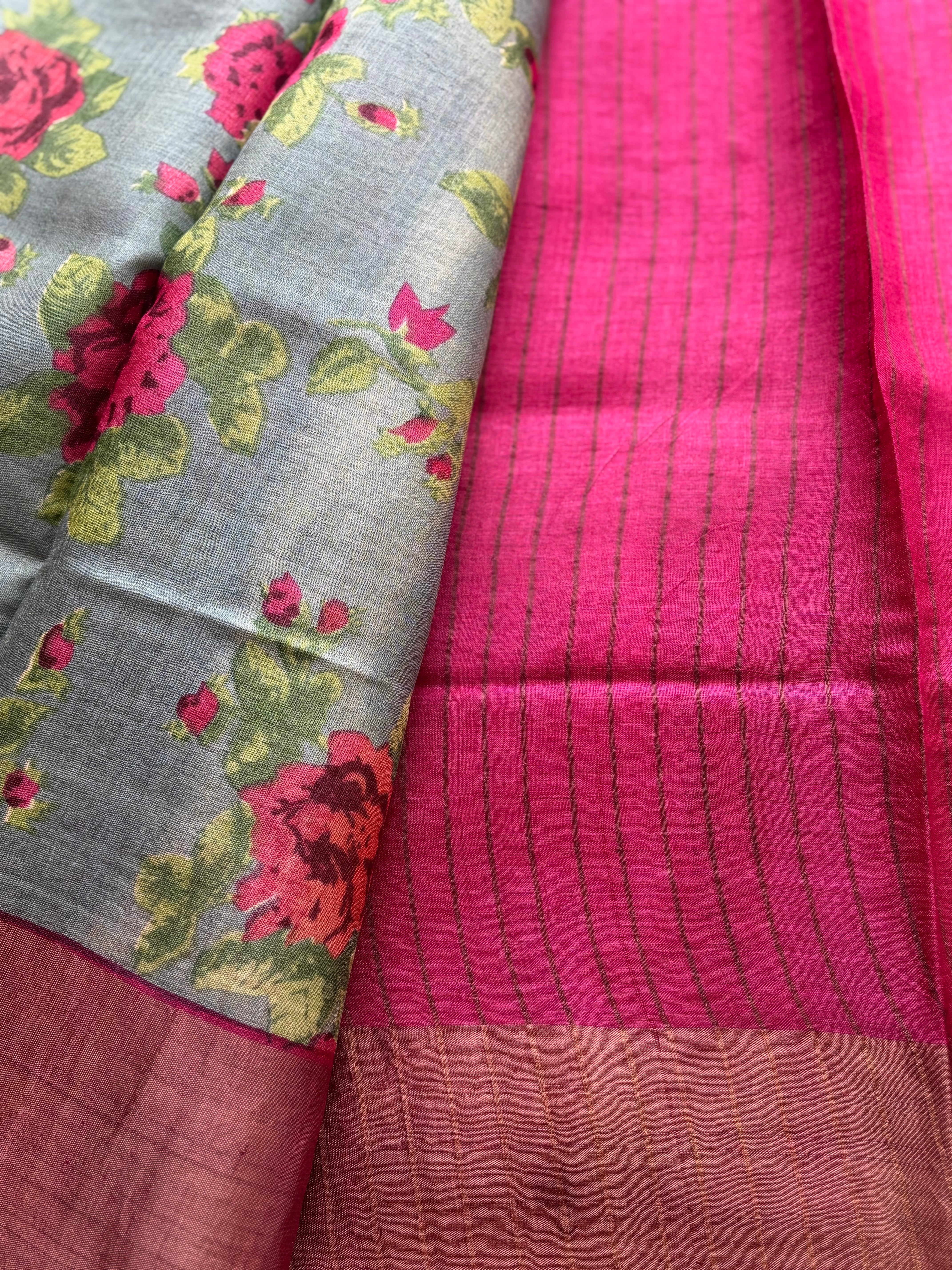 Grey pink floral tussar saree