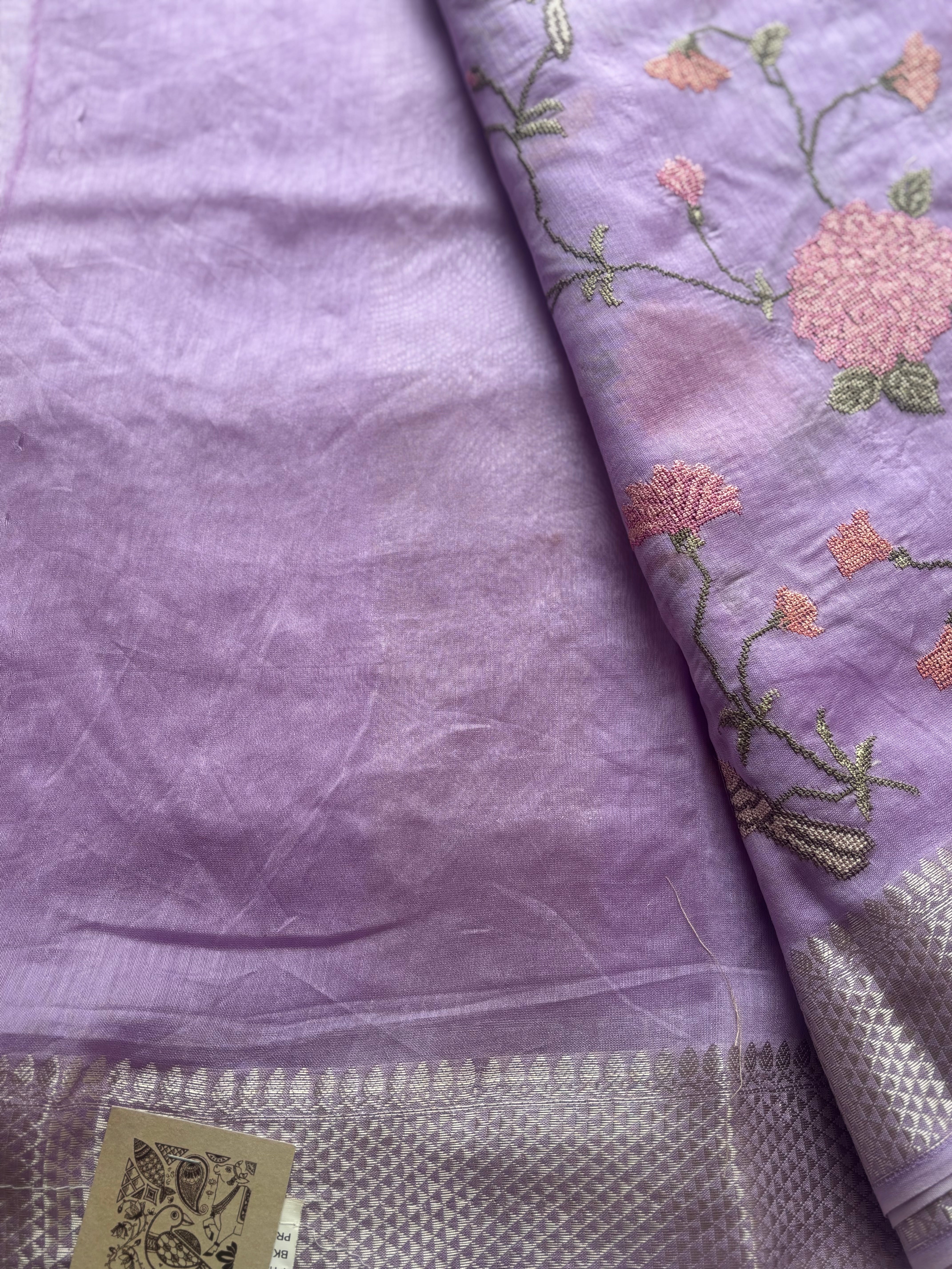 Purple floral embroidered chanderi saree