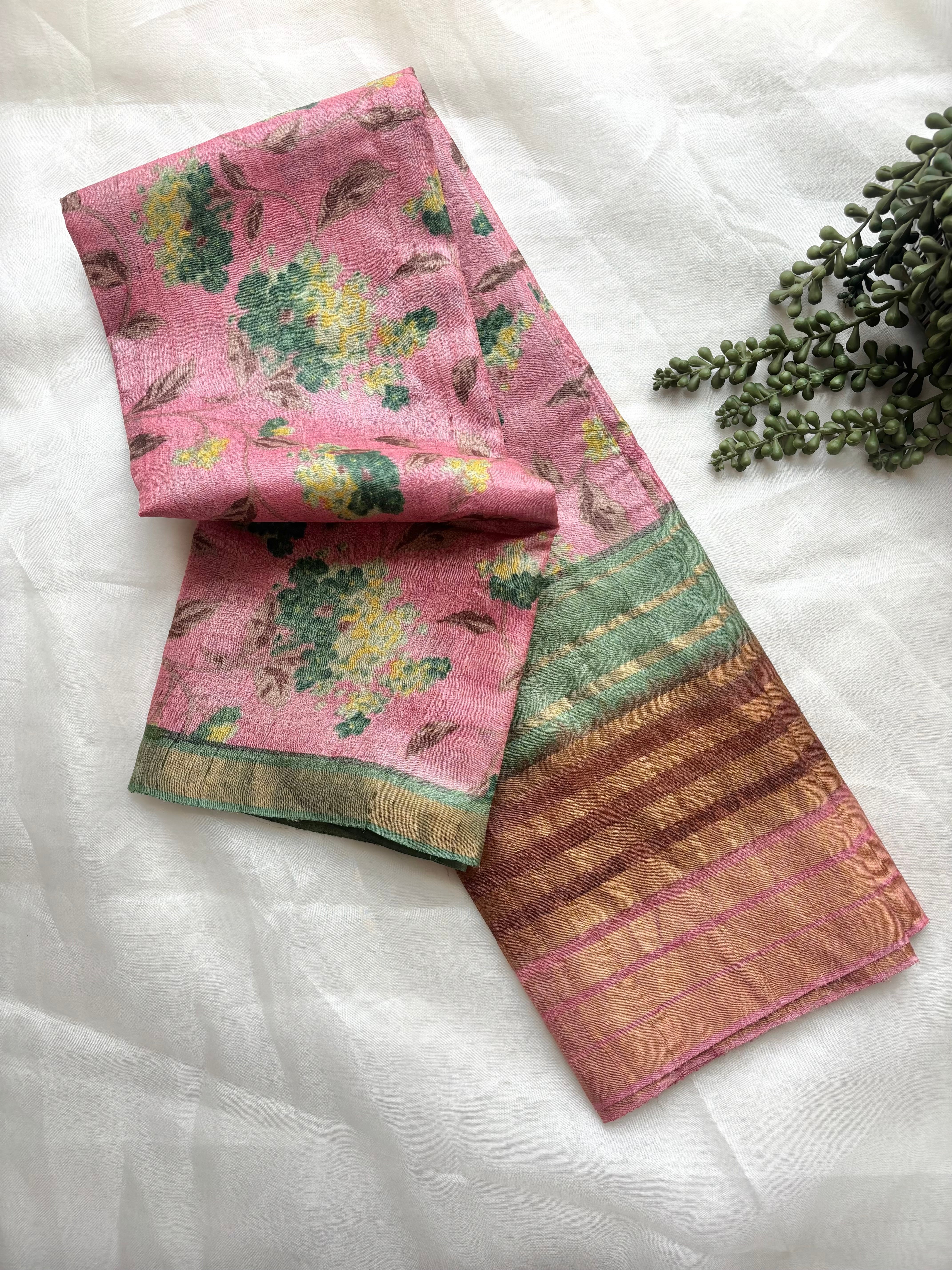 Soft Pink and green floral tussar saree
