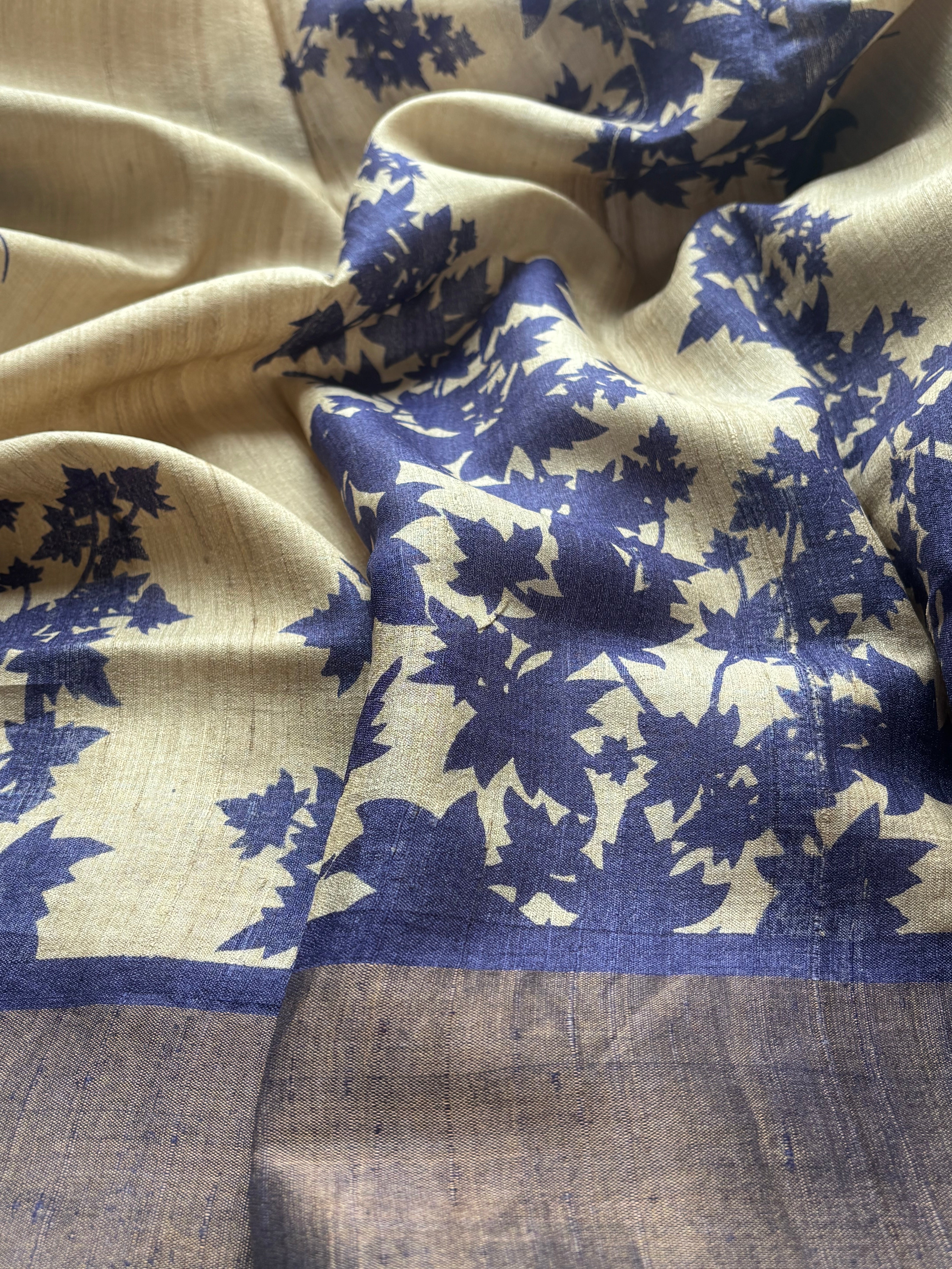 Blue floral tussar saree