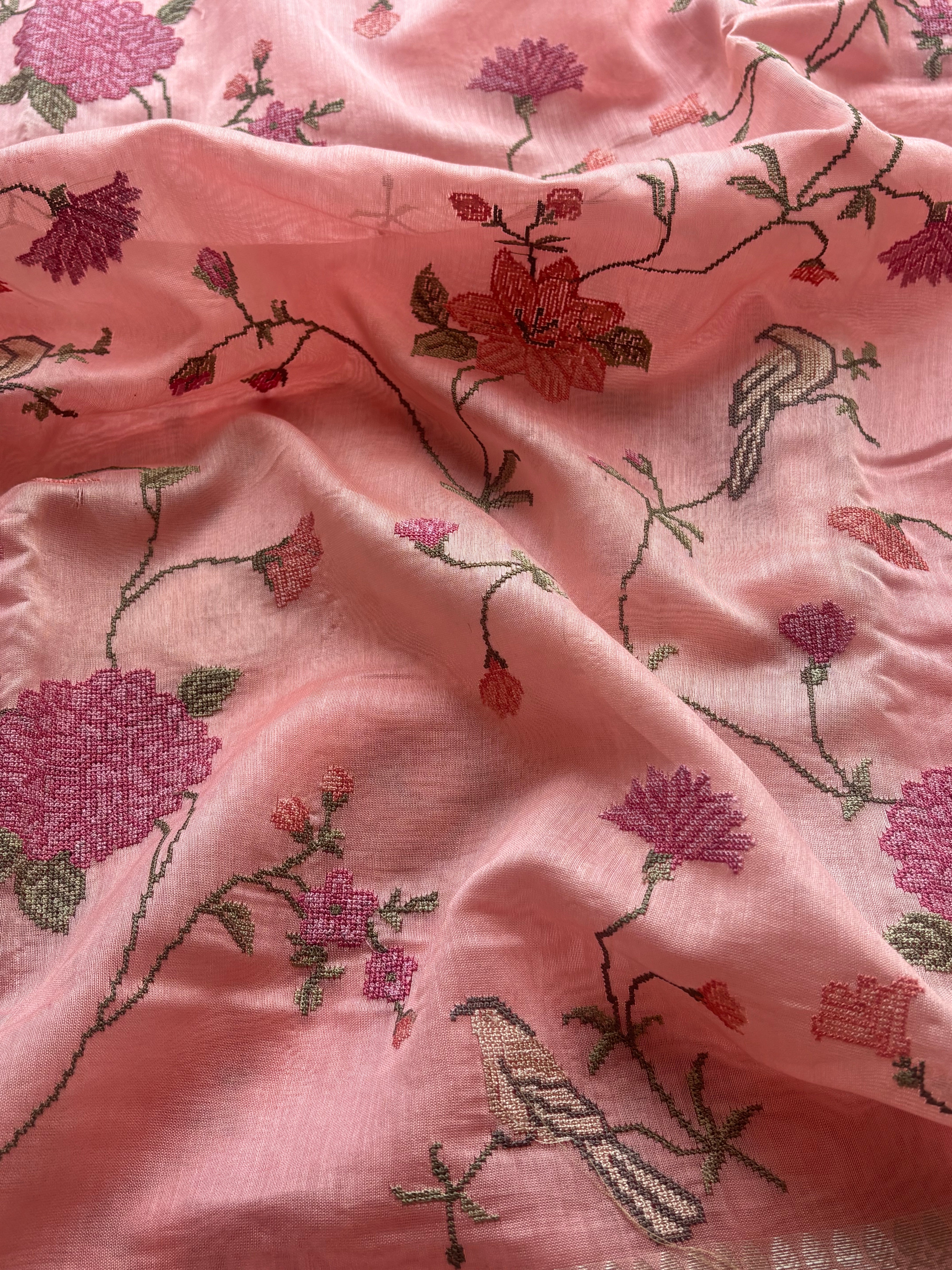 Peach floral embroidered chanderi saree