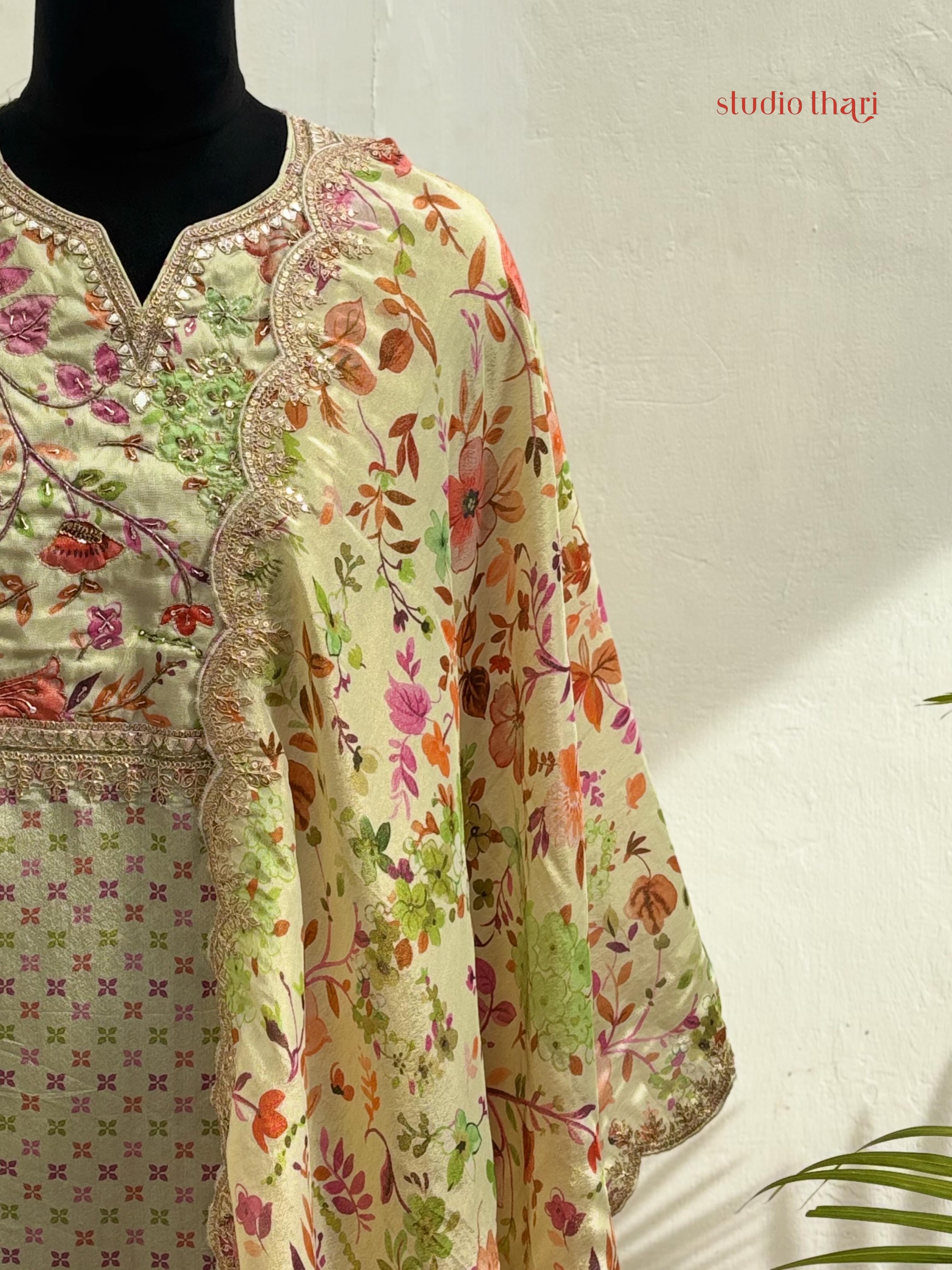 Pastel ivory floral semi stitched salwar suit