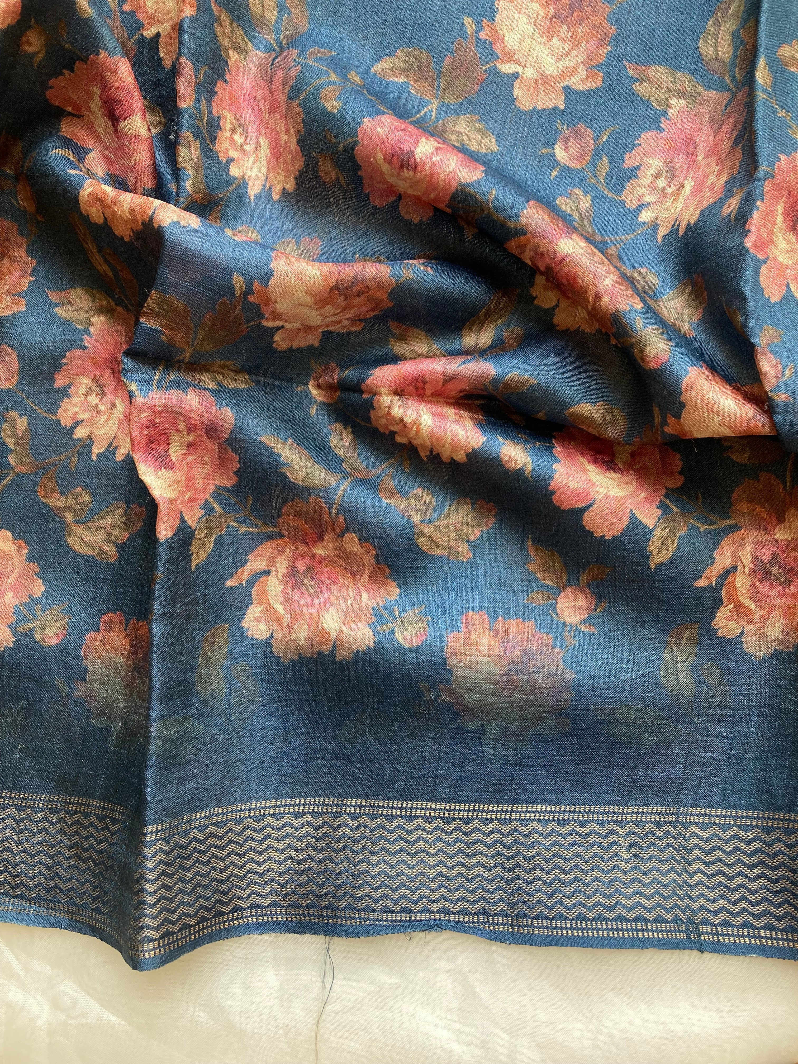 Navy blue floral Tussar saree