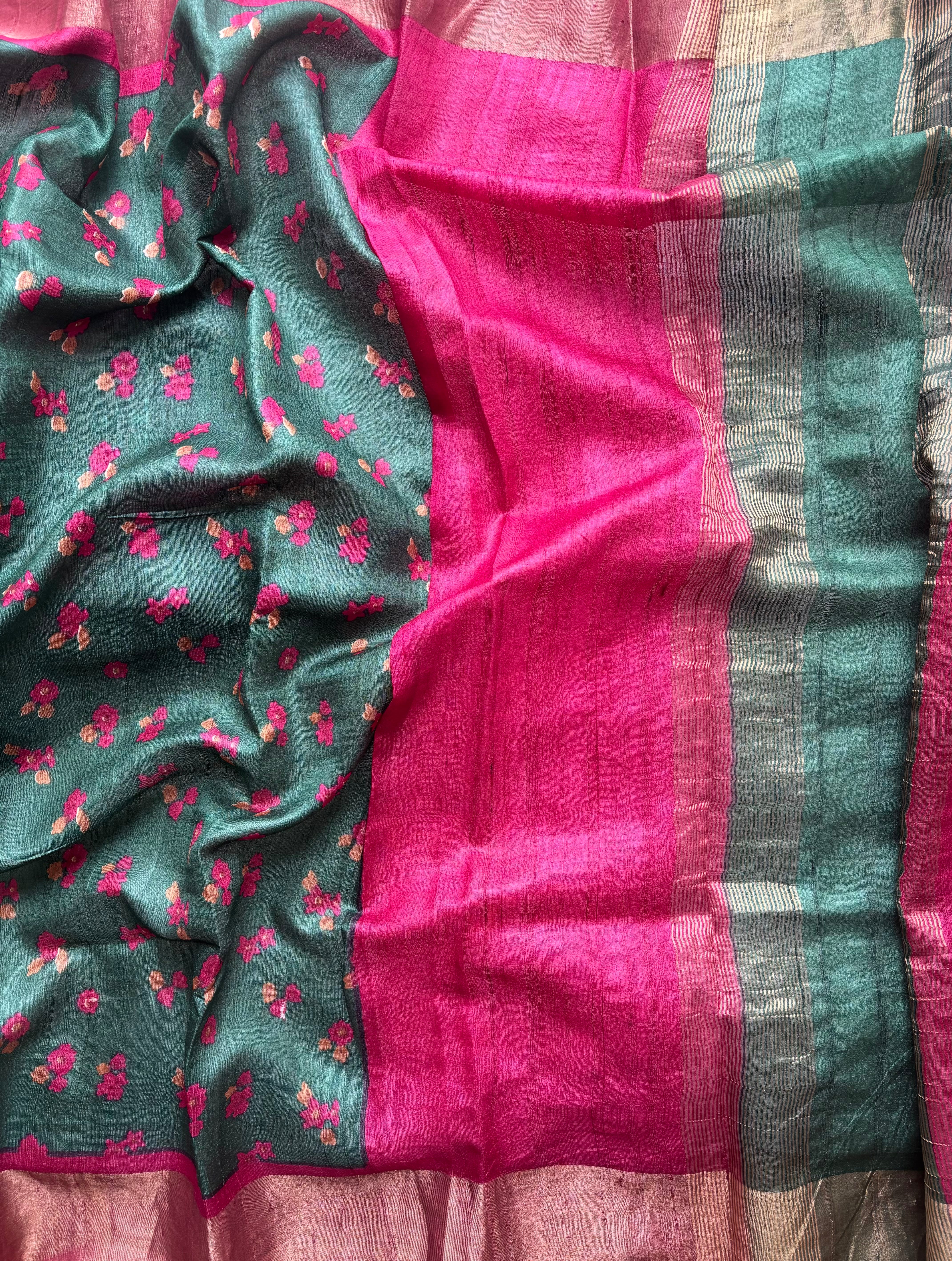 Dark Green floral tussar saree