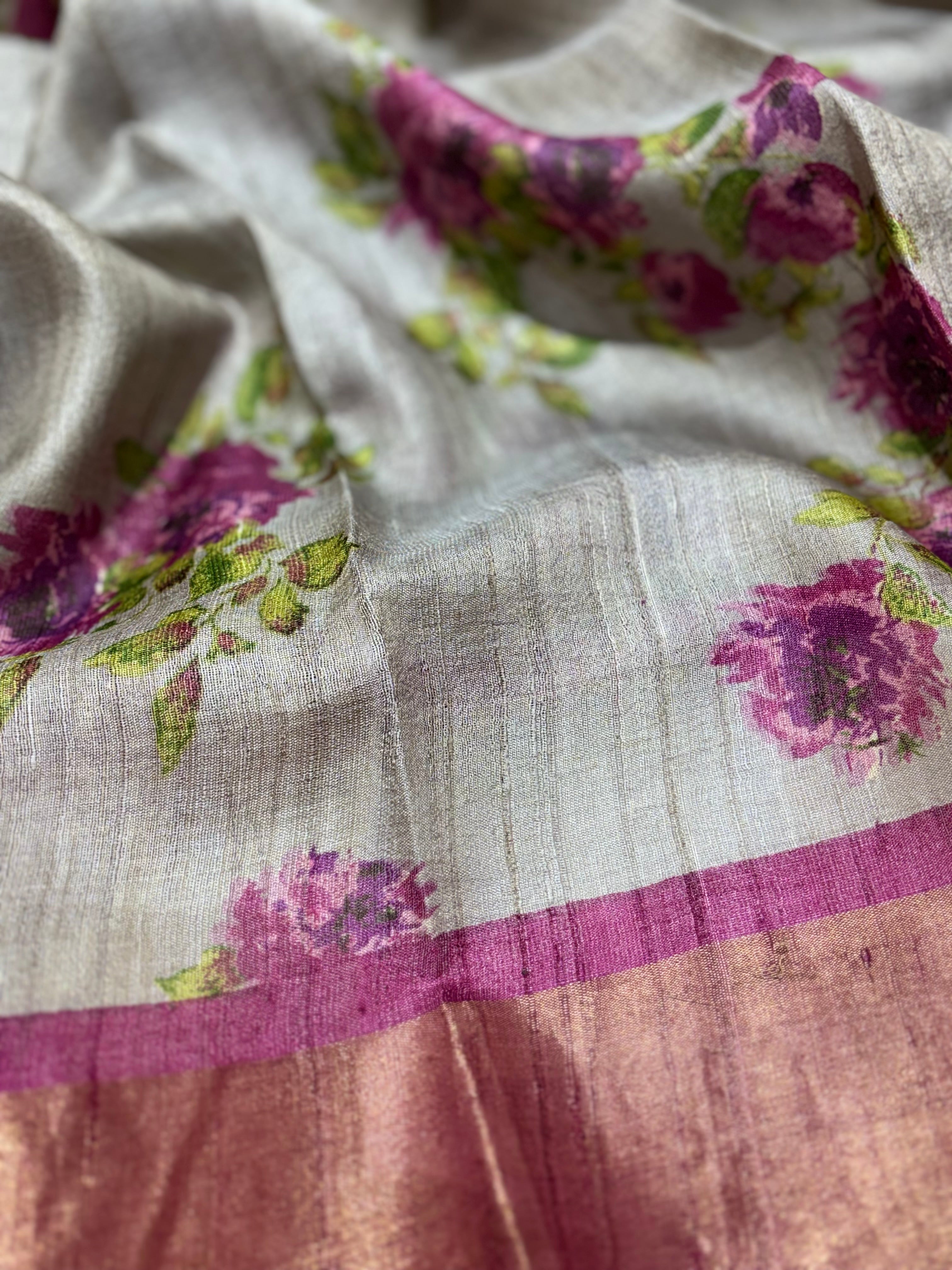 Grey floral Tussar saree