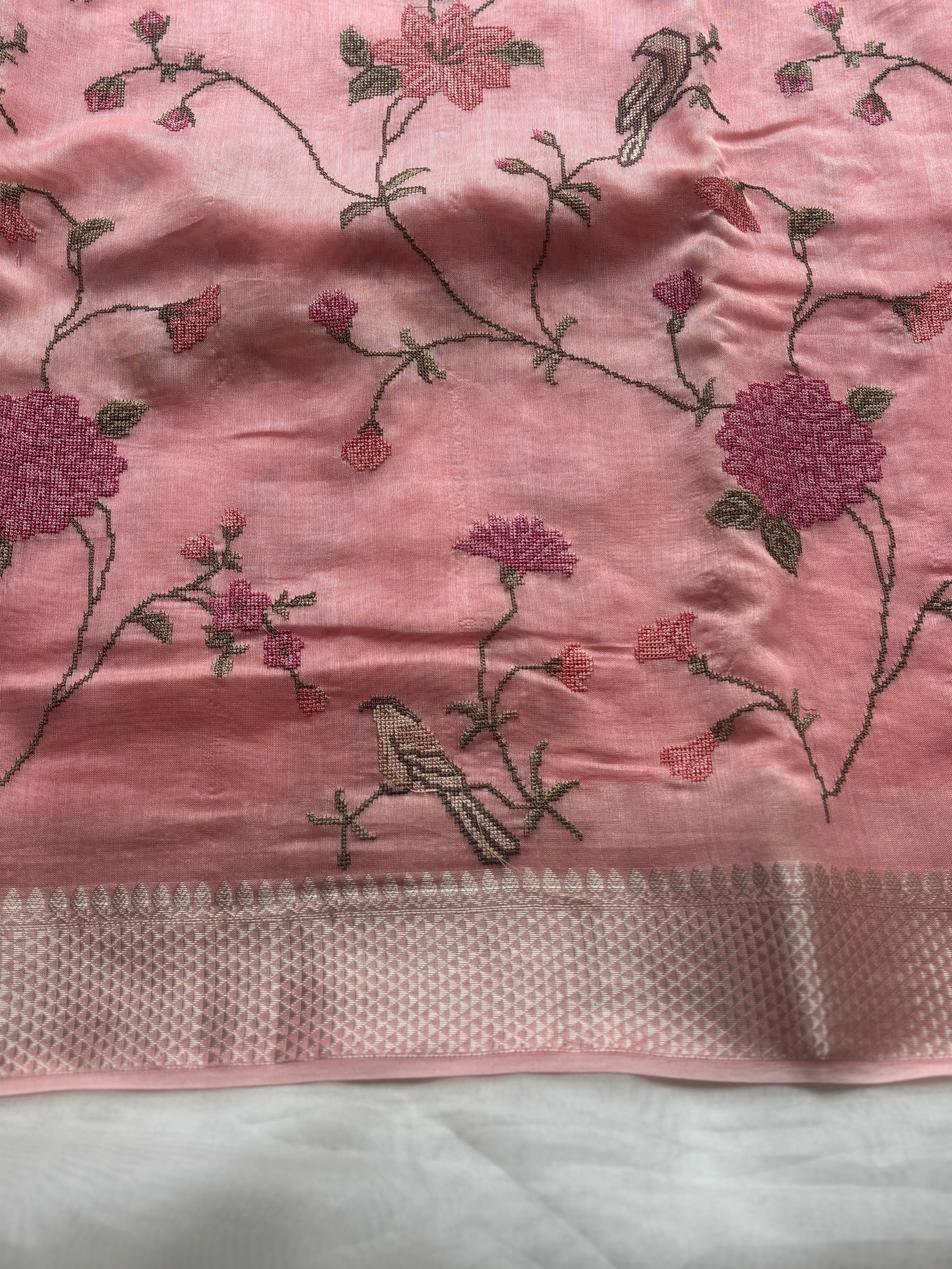 Peach floral embroidered chanderi saree