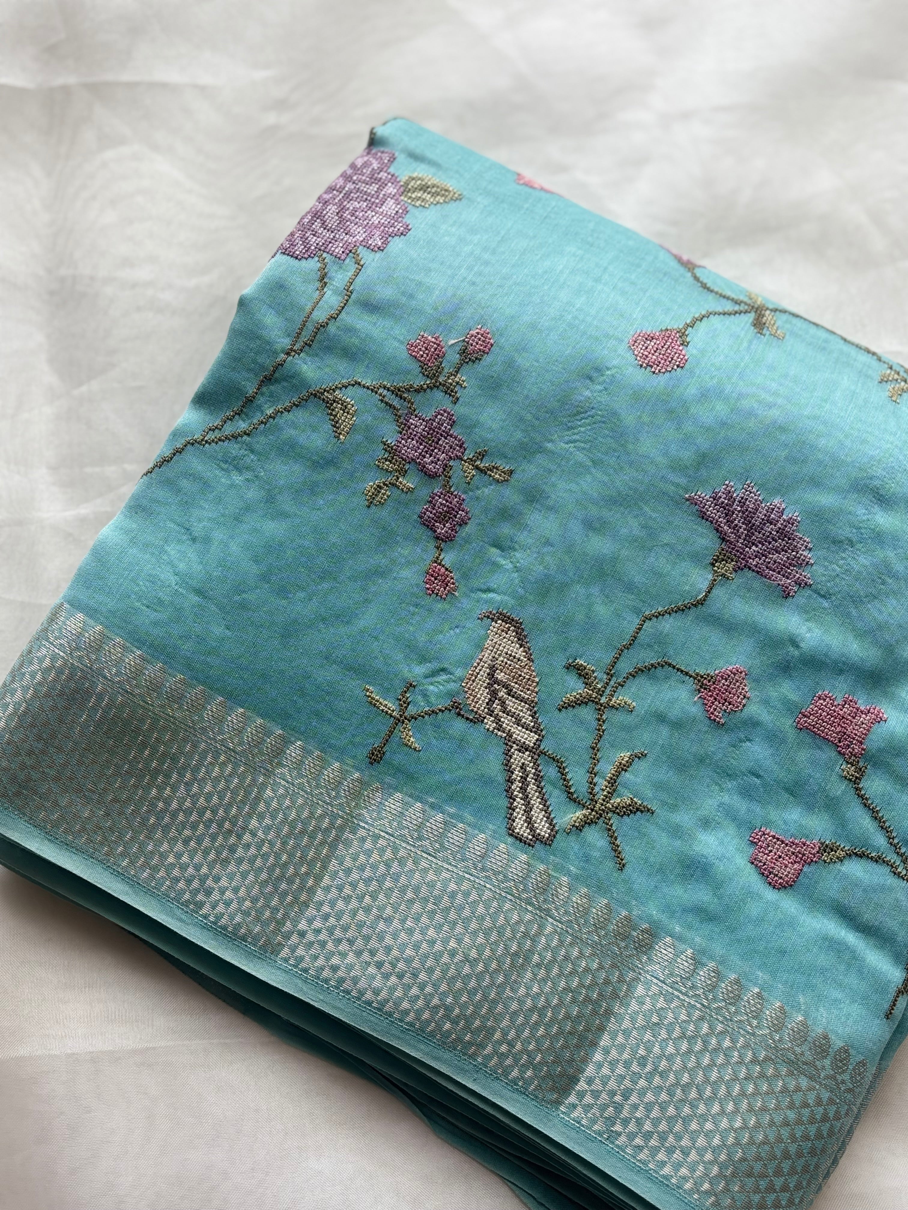 Light blue floral embroidered chanderi saree