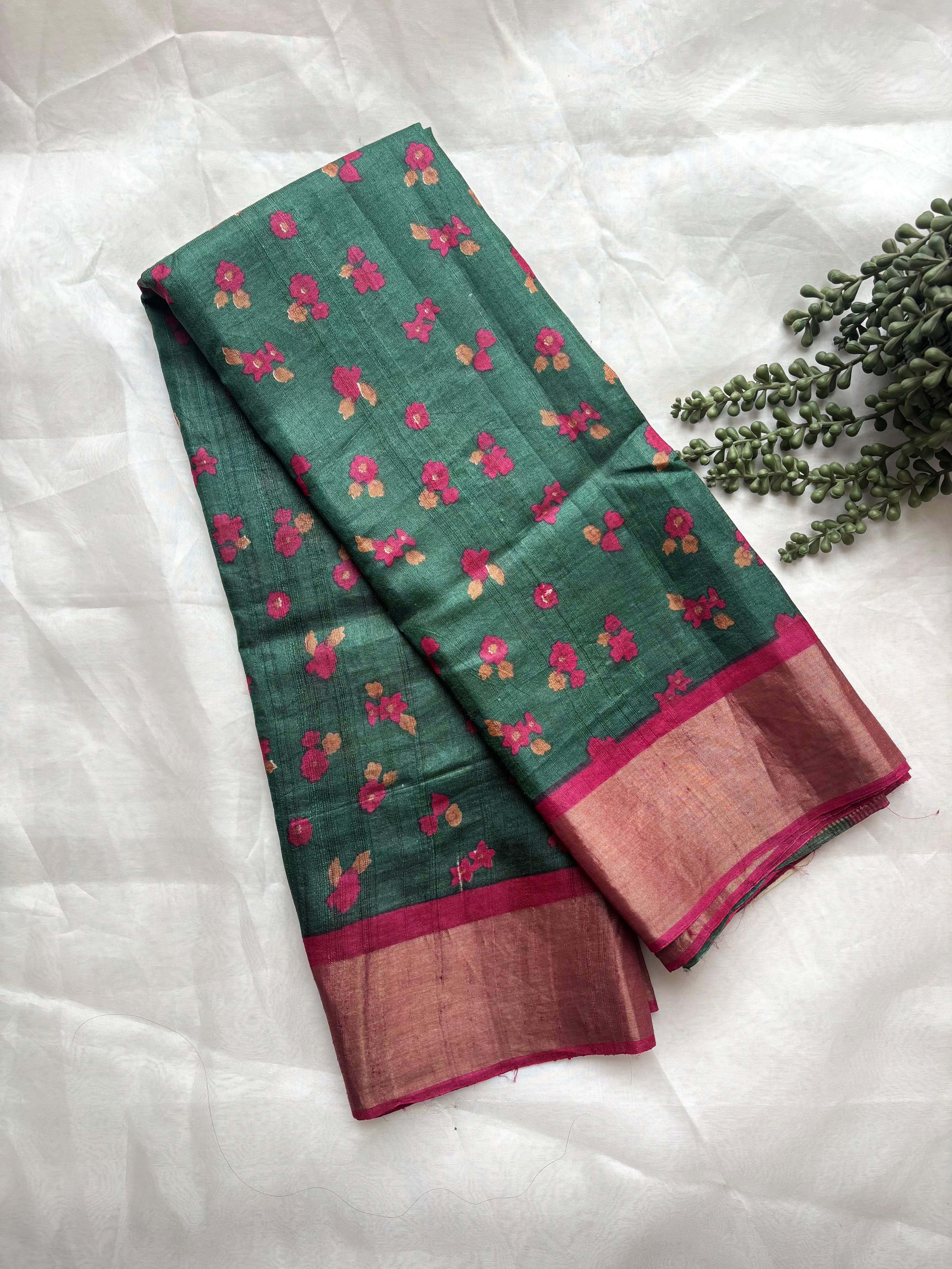 Dark Green floral tussar saree