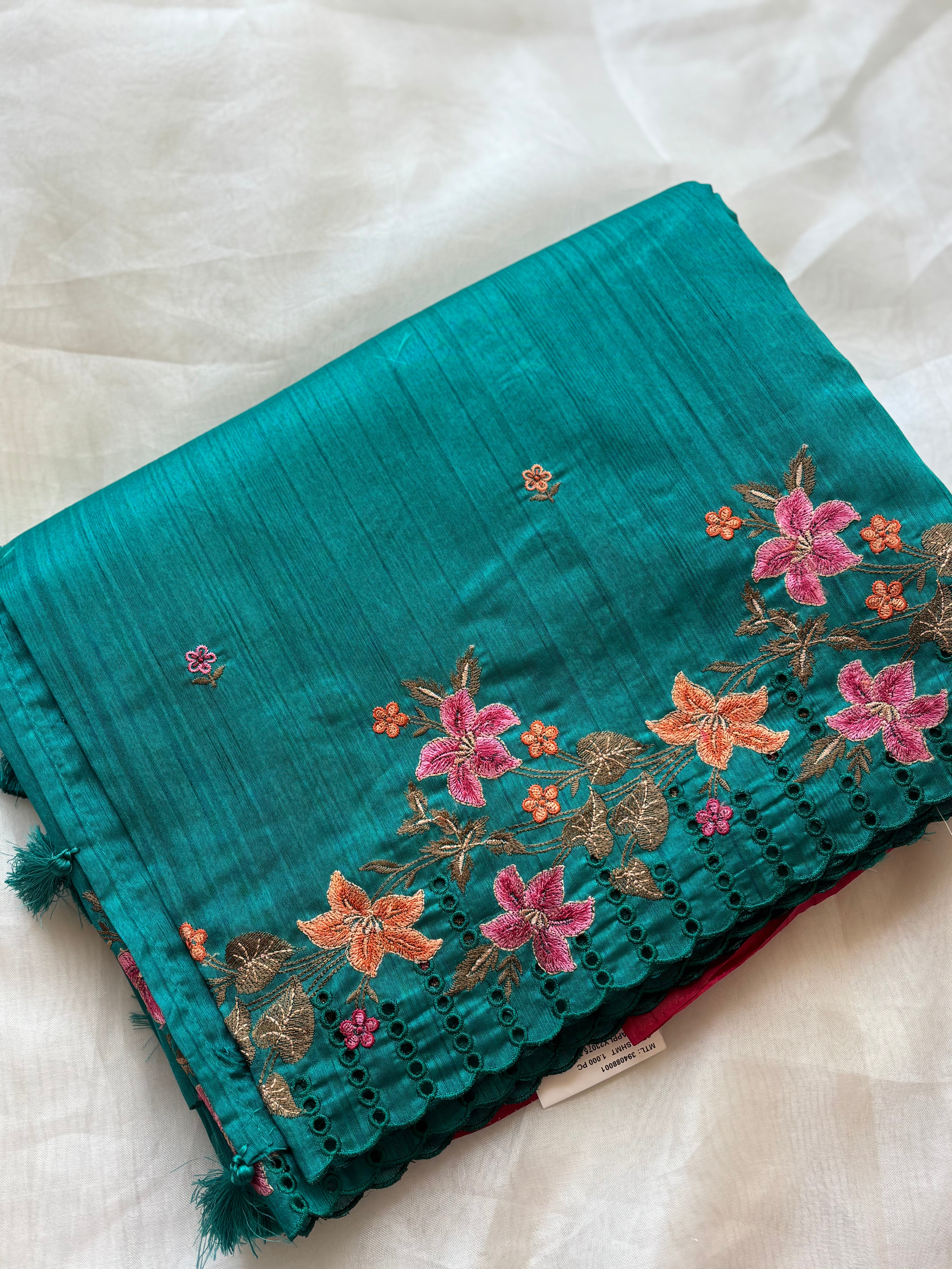 Teal blue floral semi tussar saree