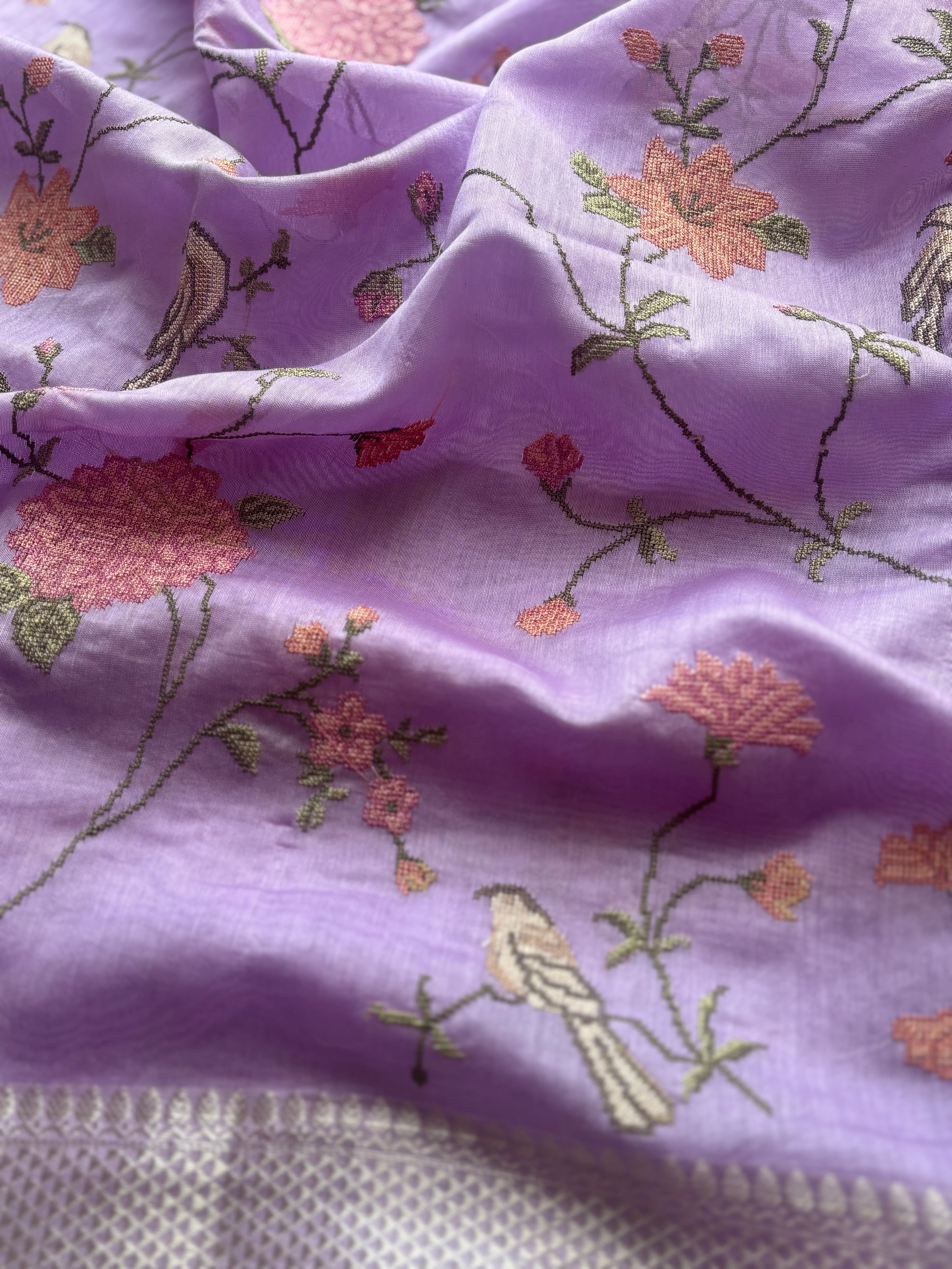 Purple floral embroidered chanderi saree