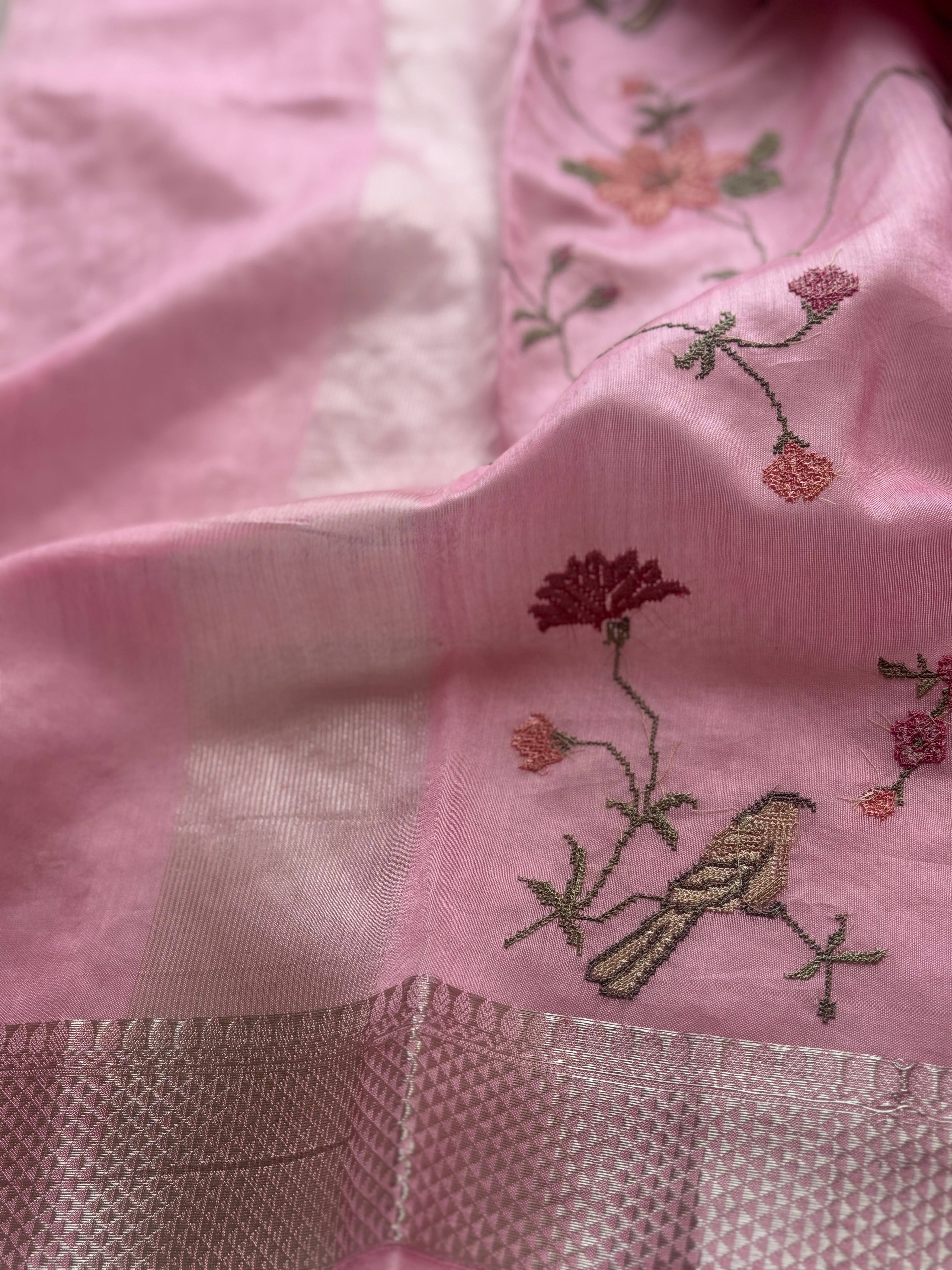 Baby pink floral embroidered chanderi saree