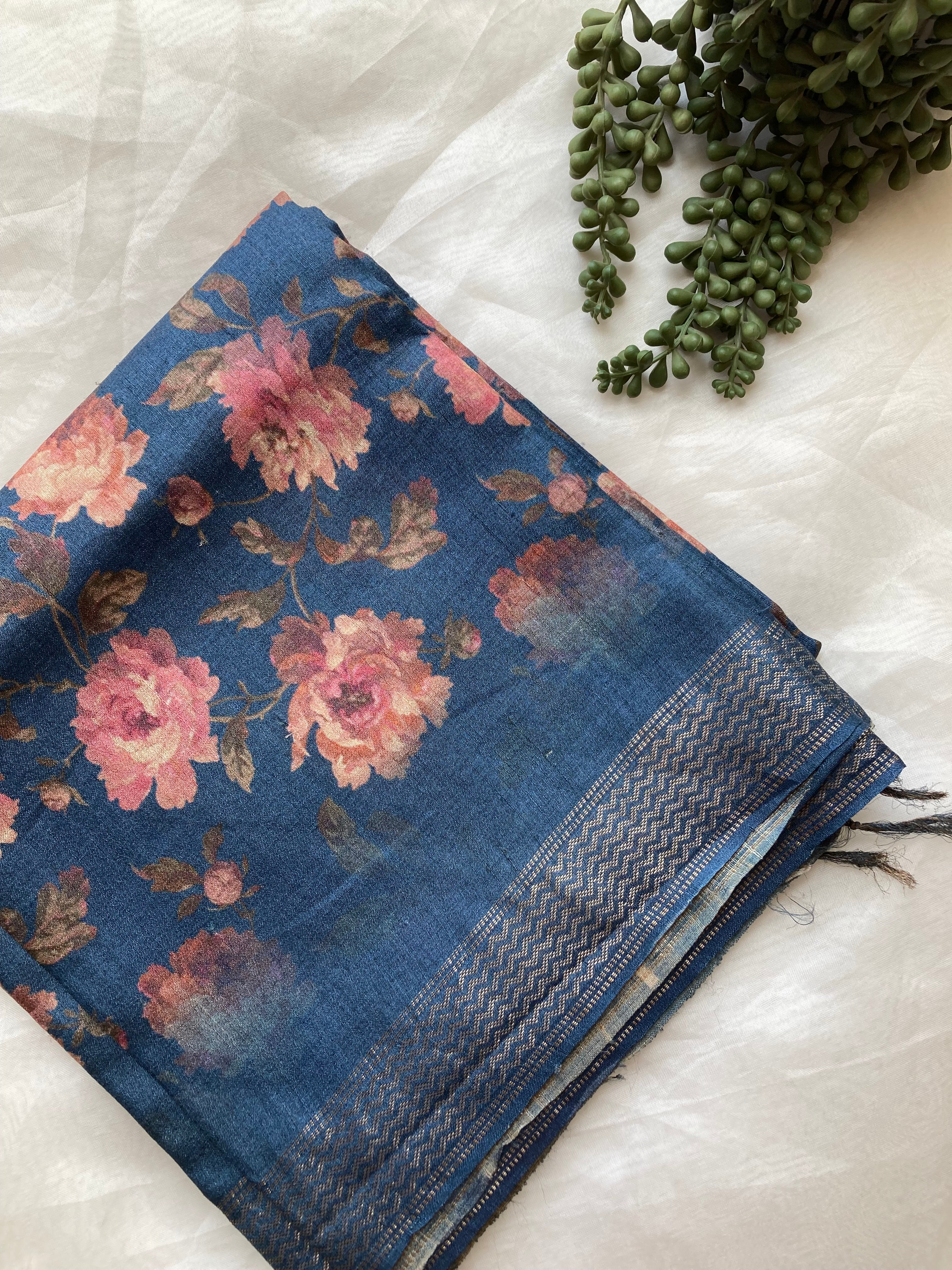 Navy blue floral Tussar saree