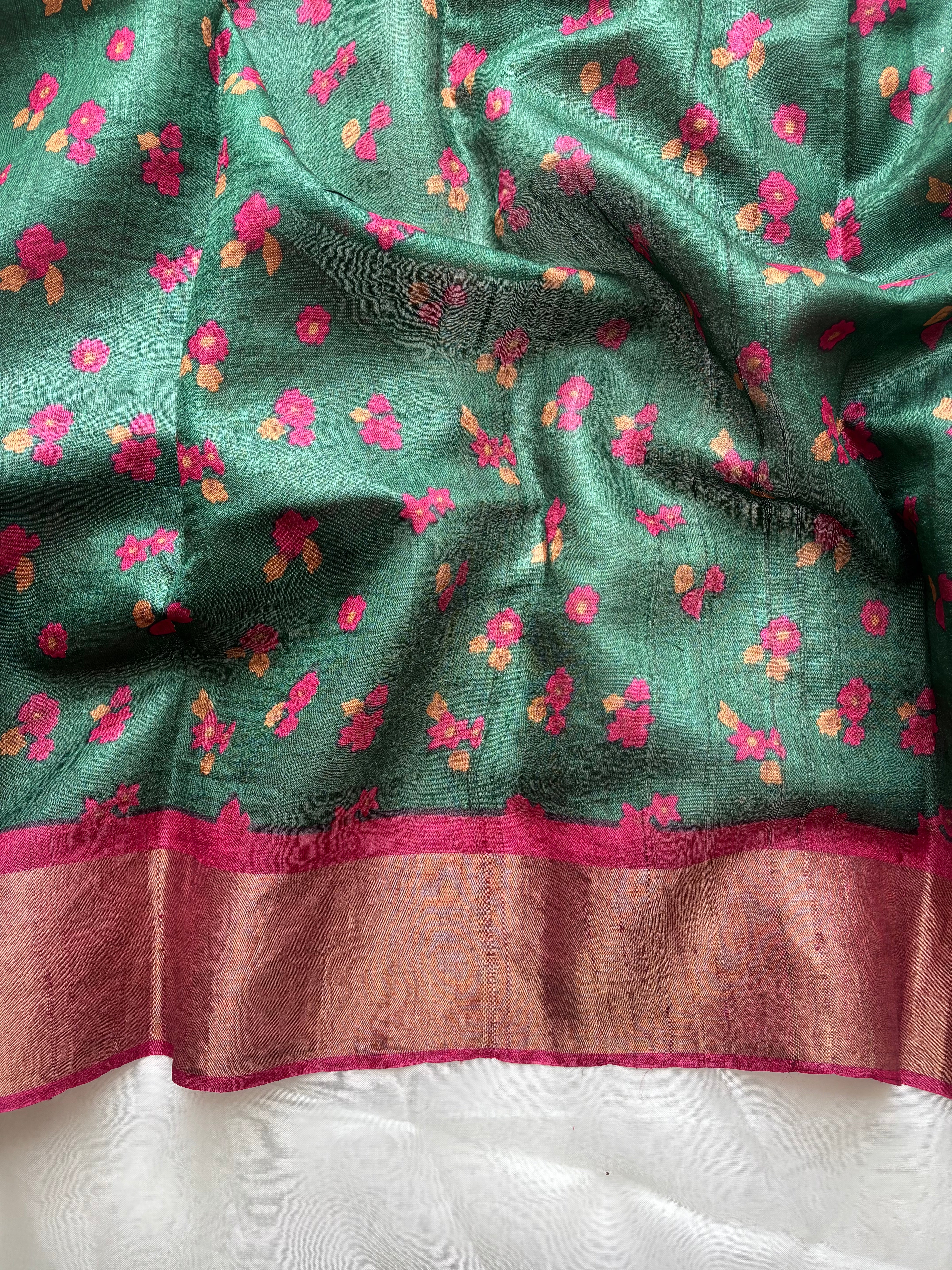 Dark Green floral tussar saree