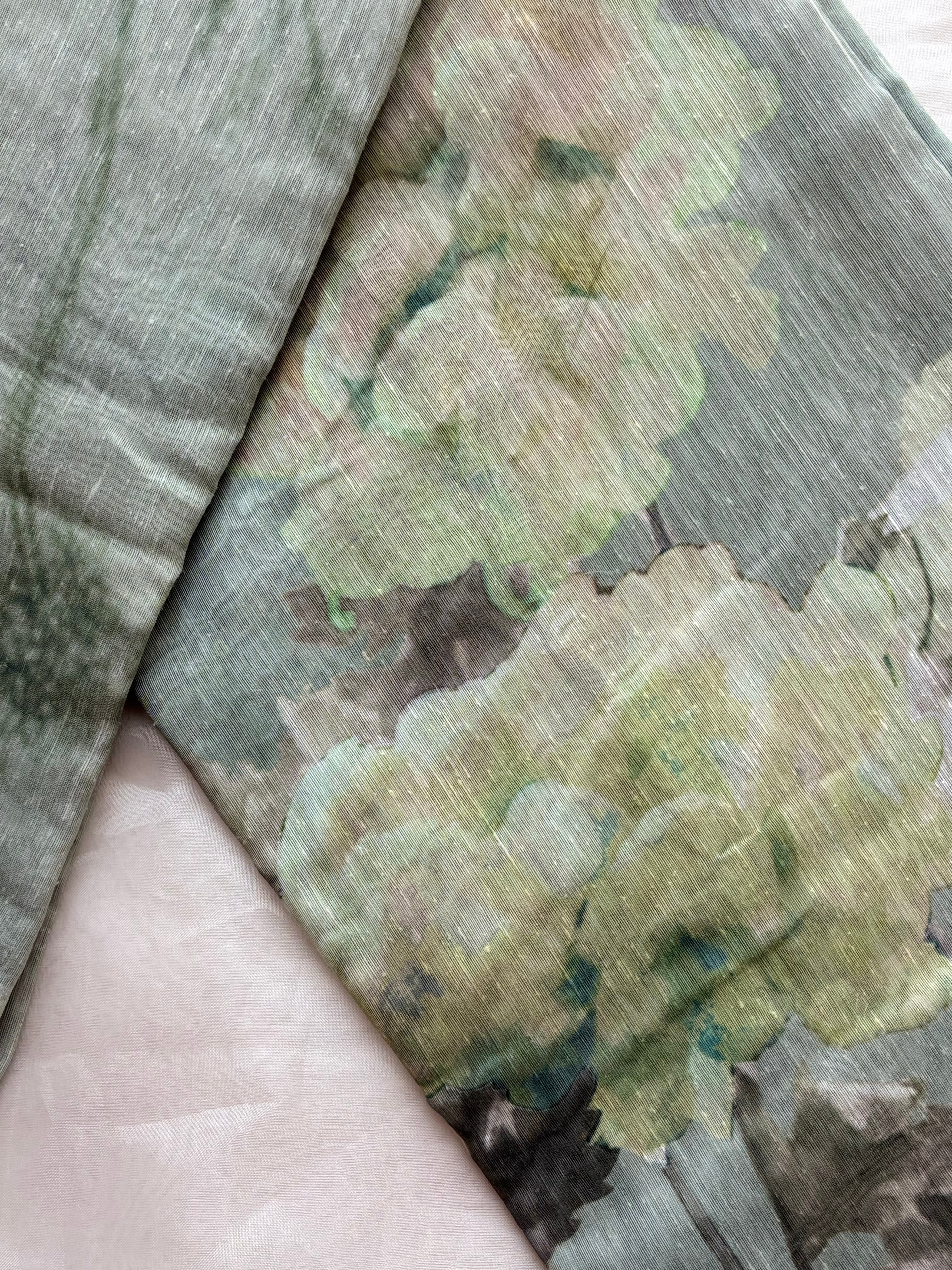 Light green floral Linen saree