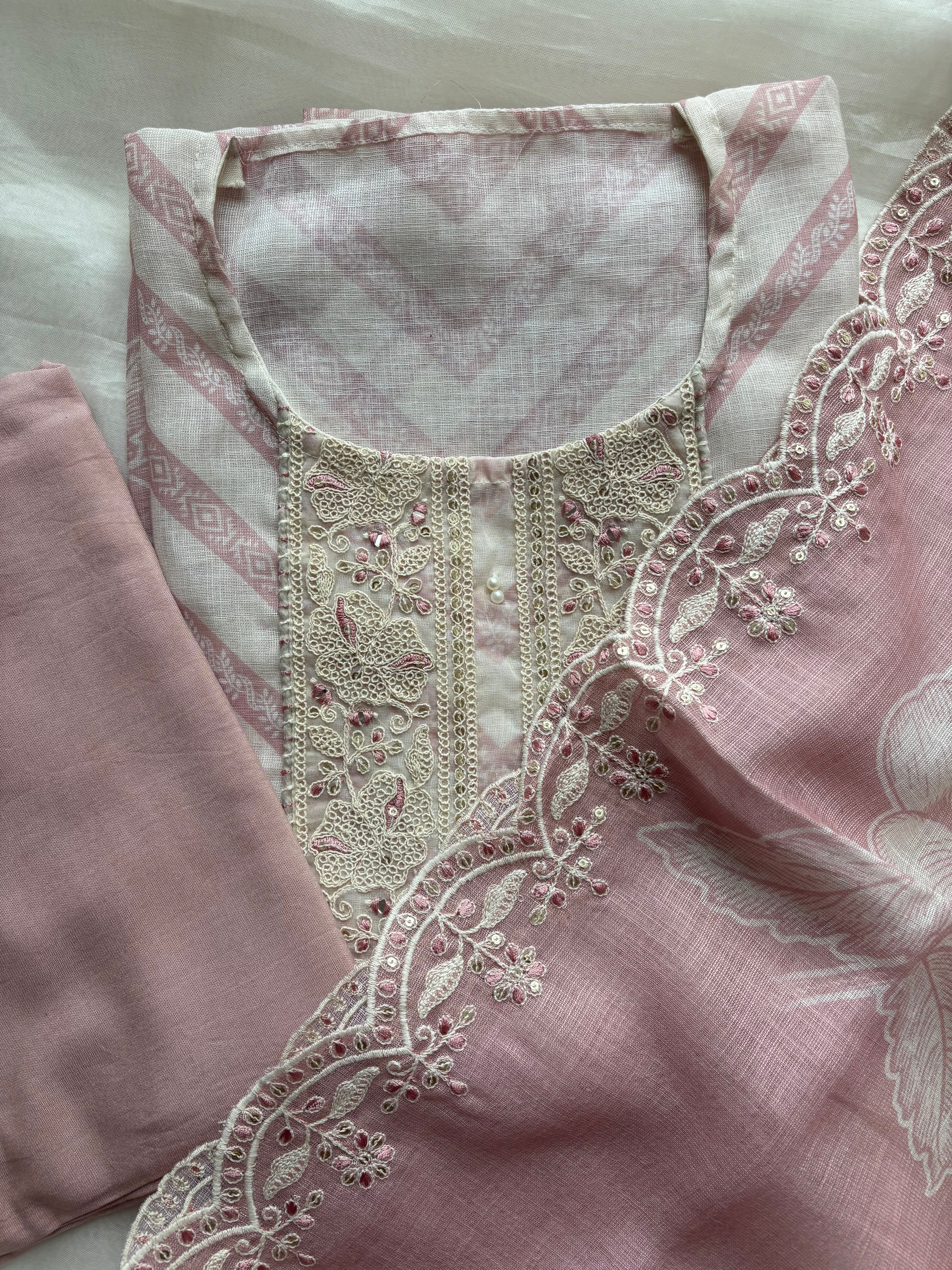 Pink and white semi stitched salwar suit