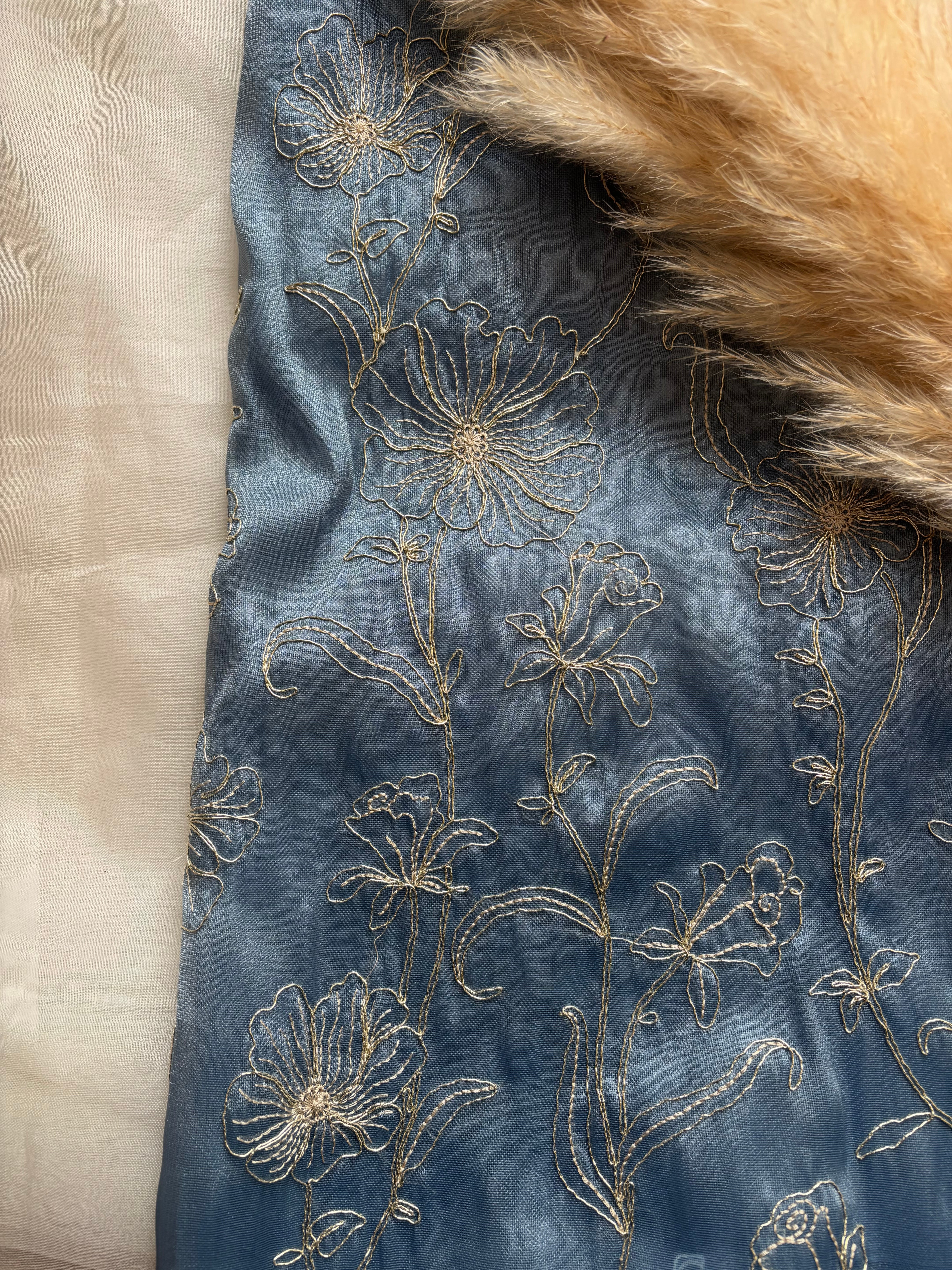 Floral blue shimmer organza saree