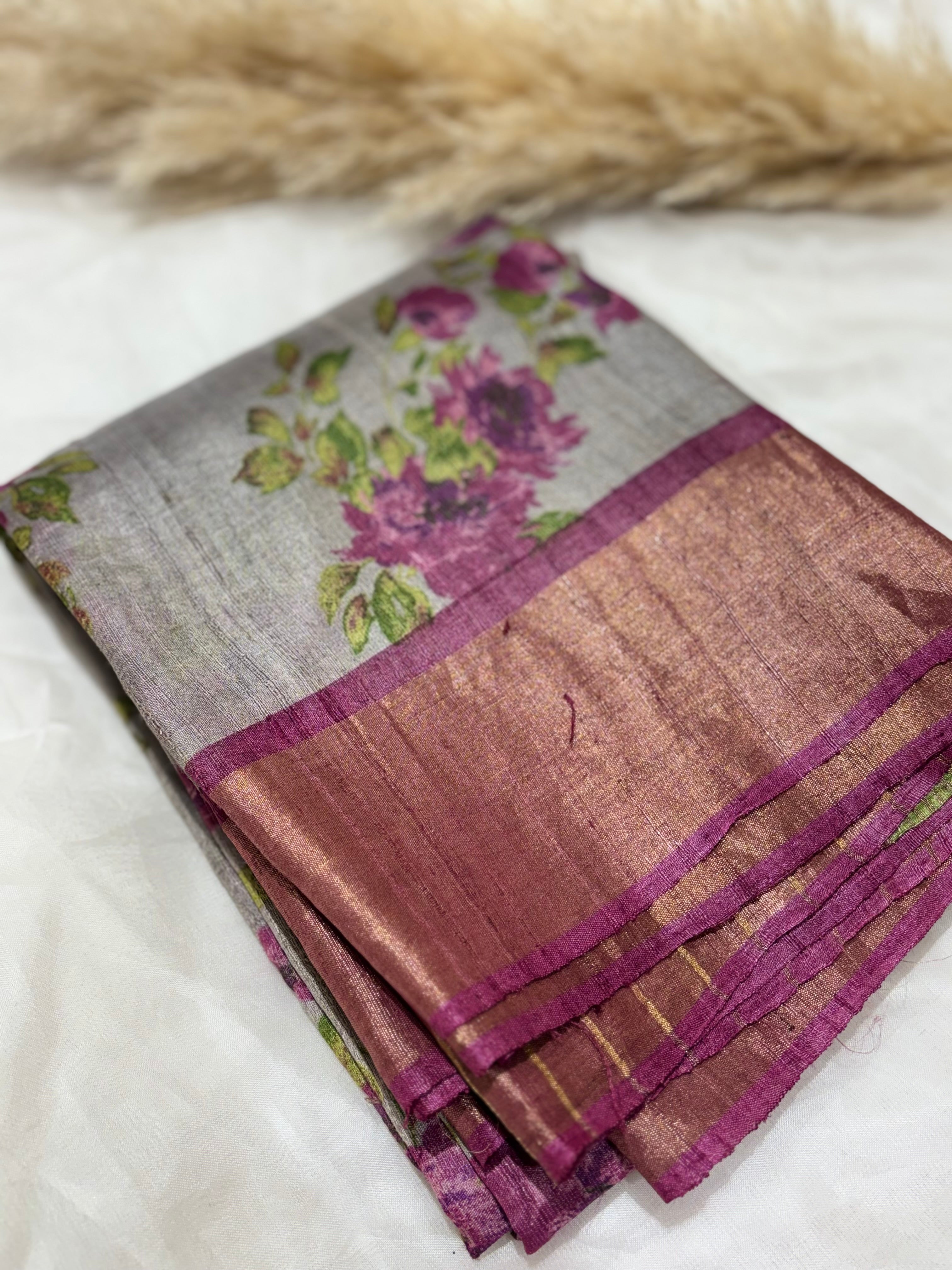 Grey floral Tussar saree