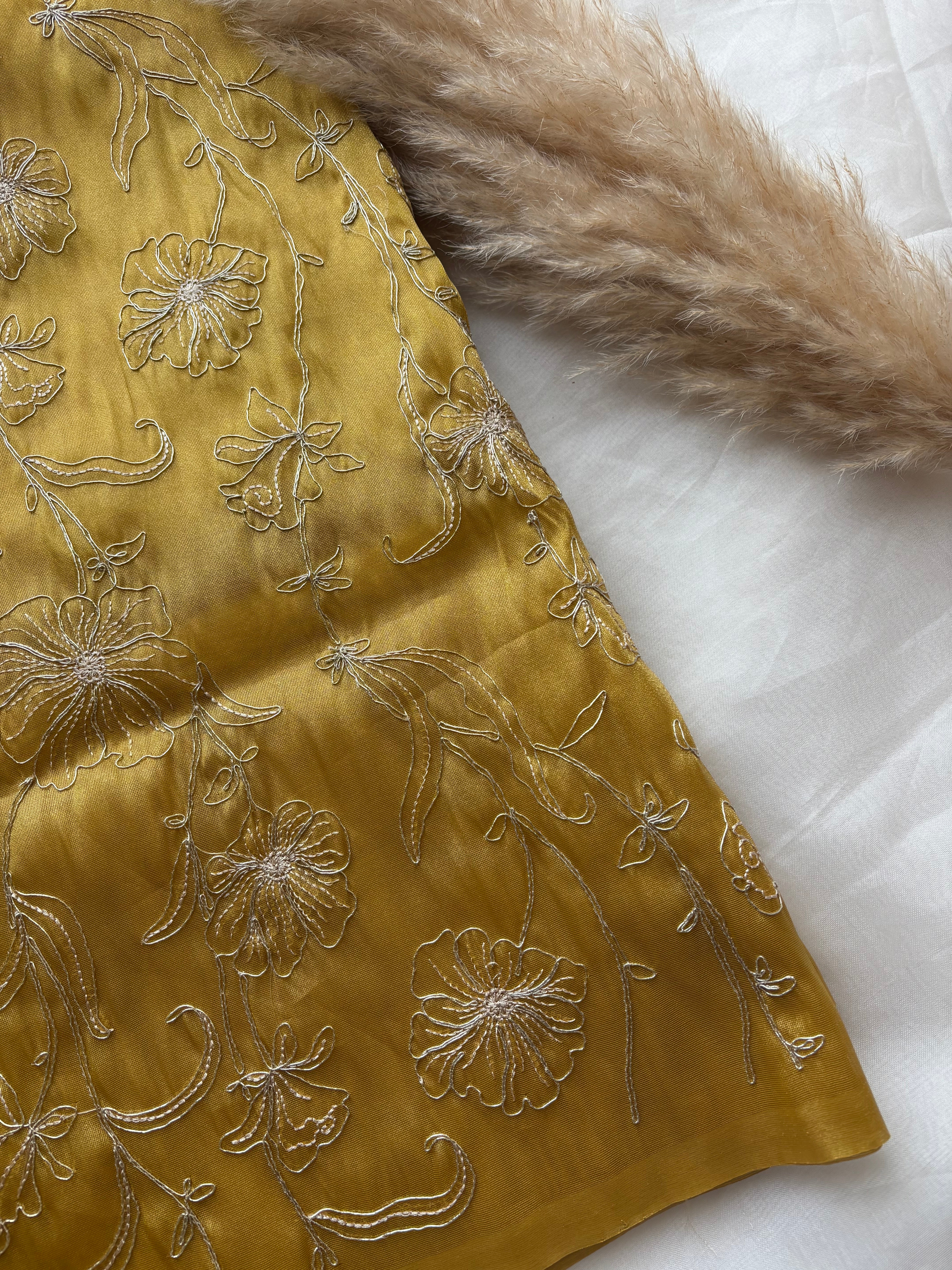 Floral yellow shimmer organza saree
