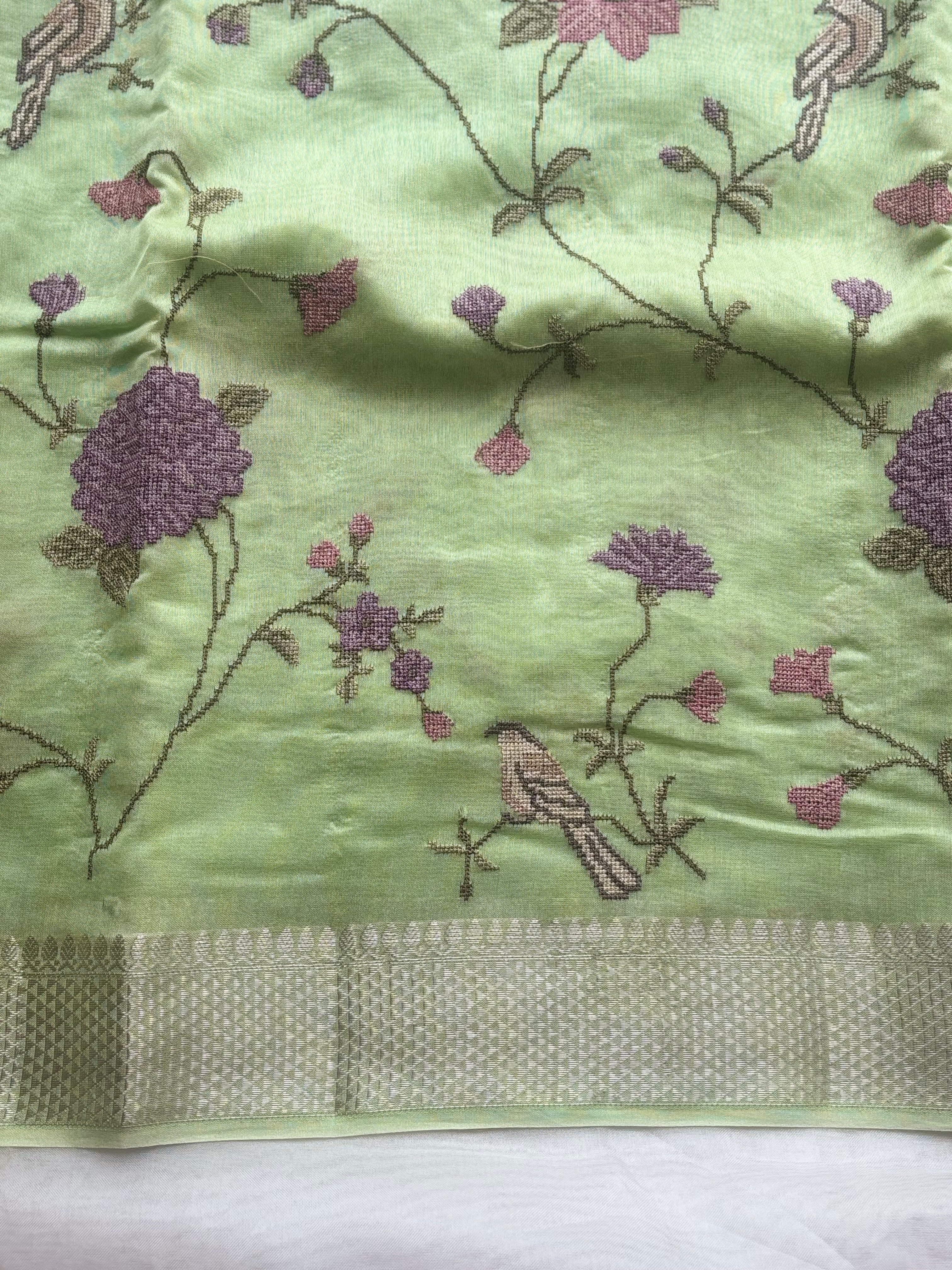 Green floral embroidered chanderi saree